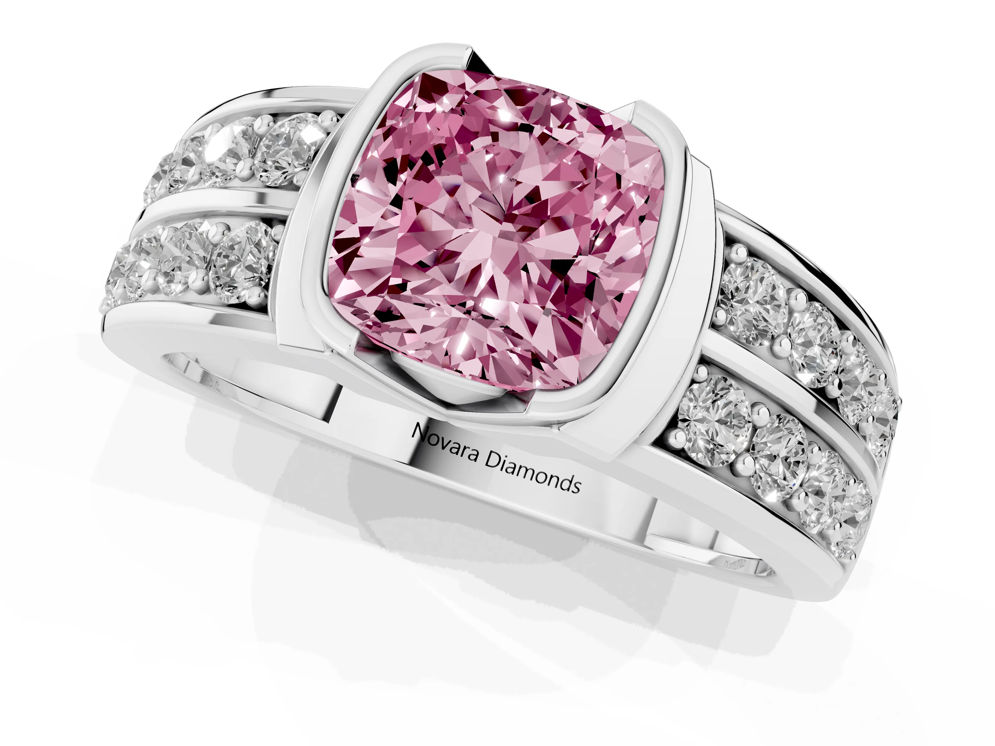 Fancy Pink Cushion Cut Diamond Wide Channel Set Band Ring Set in Silver with Bezel Setting