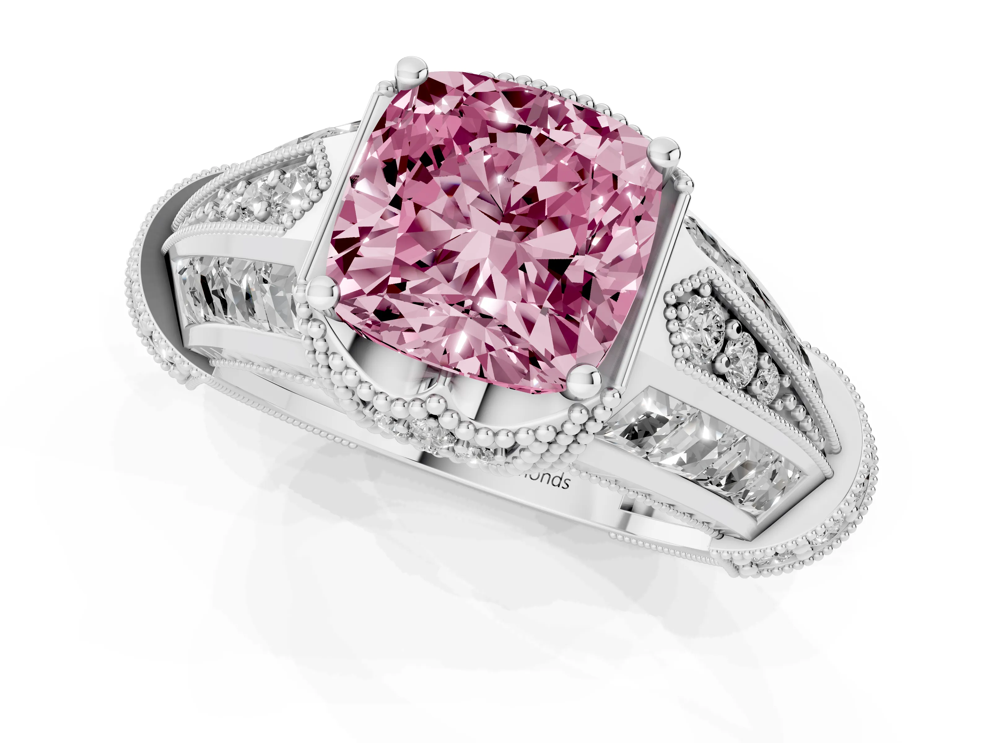 Fancy Pink Cushion Cut Diamond Vintage-Inspired Milgrain Ring Set in Silver with Accent Split Shank