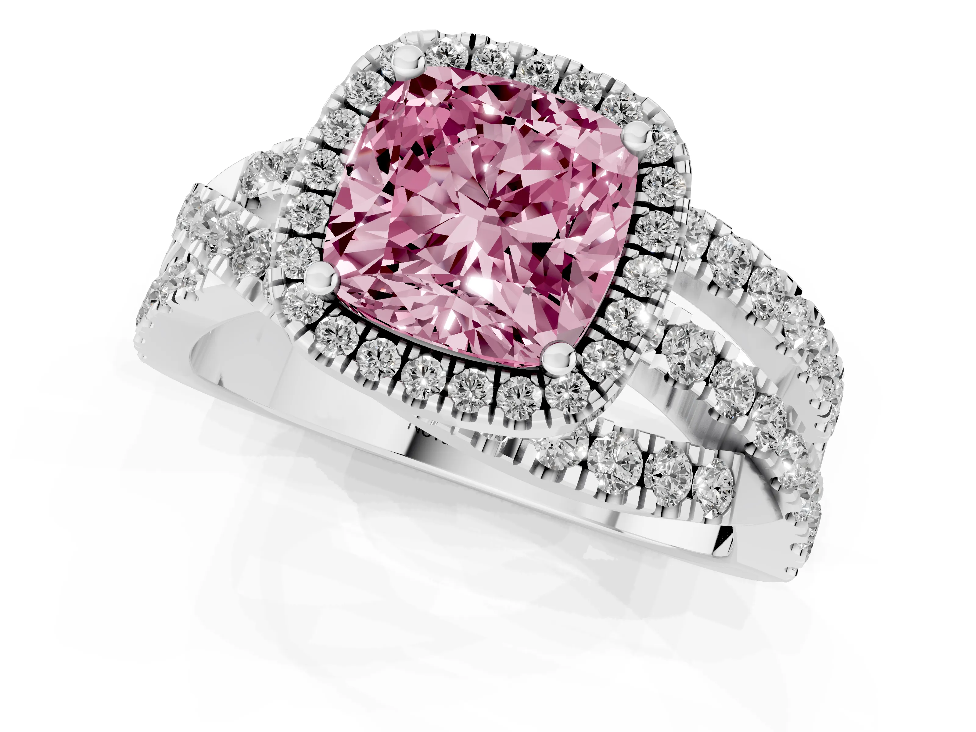 Fancy Pink Cushion Cut Diamond Halo Ring Set in Platinum with Round Crossover Split Shank and Prong Setting