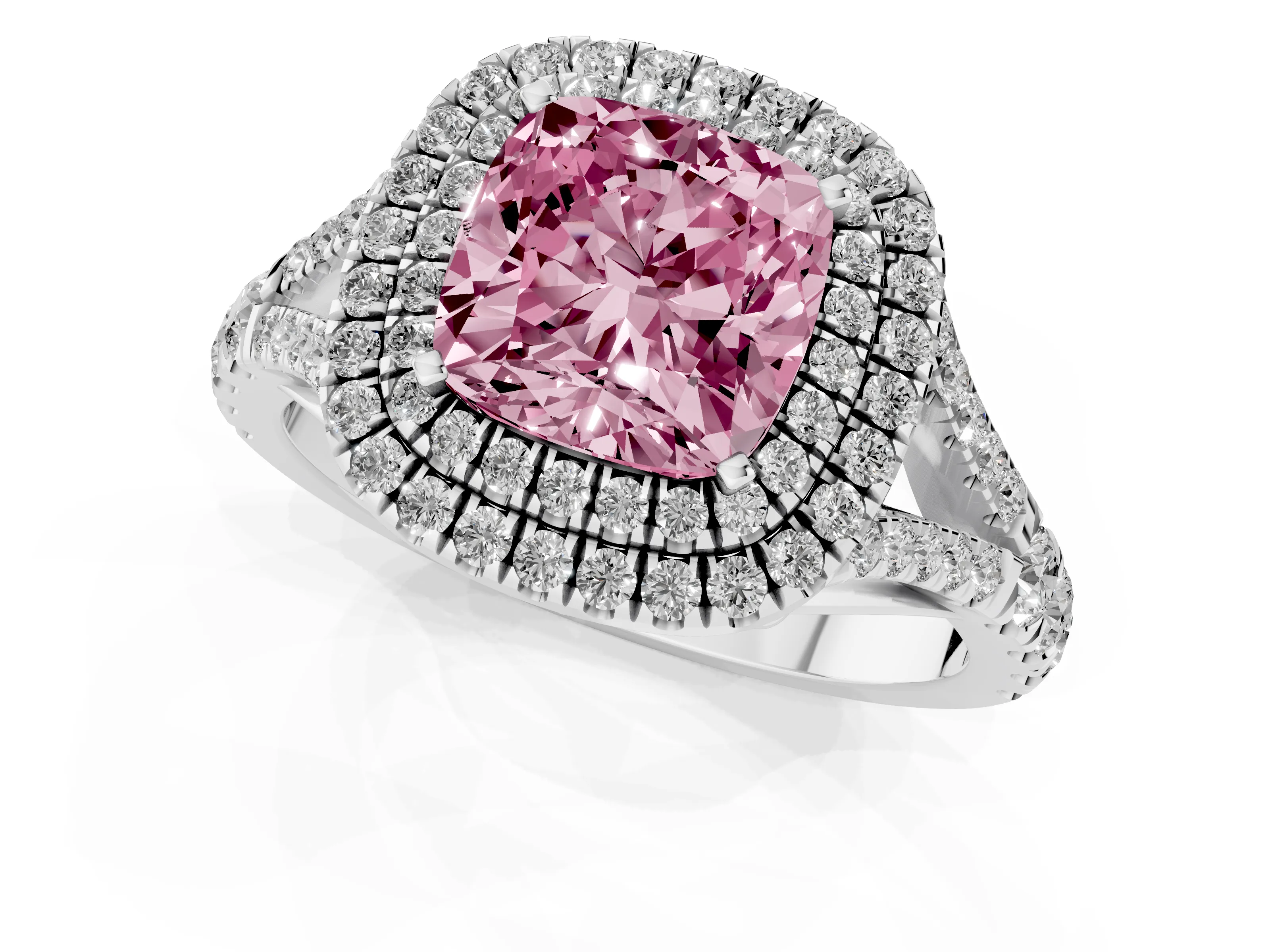 Fancy Pink Cushion Cut Diamond Pavé Split Shank Double Halo Engagement Ring Set in White gold