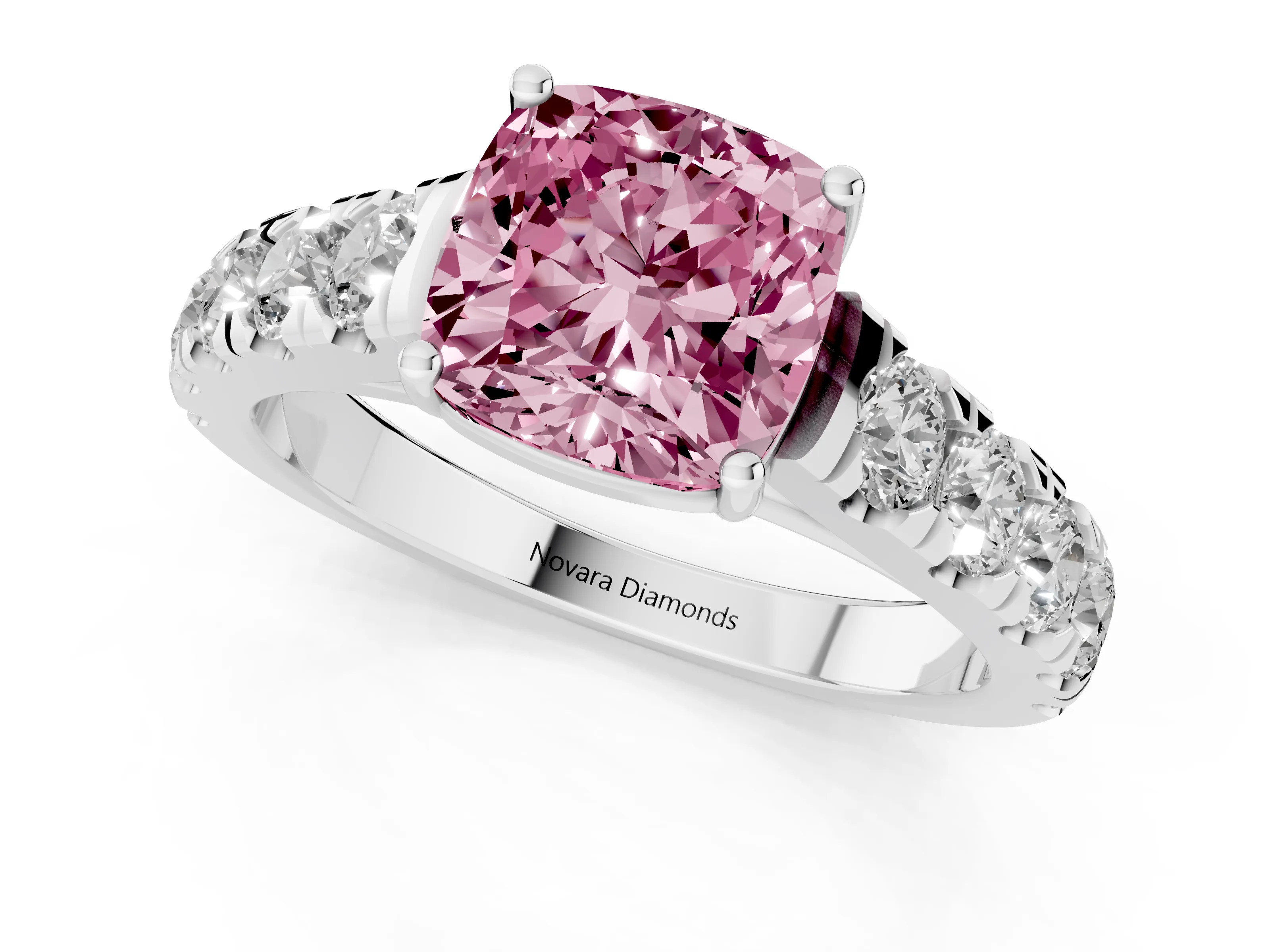 Fancy Pink Cushion Cut Diamond Solitaire Ring Set in Platinum with Cut-Down Micro Pavé Band and Prong Setting