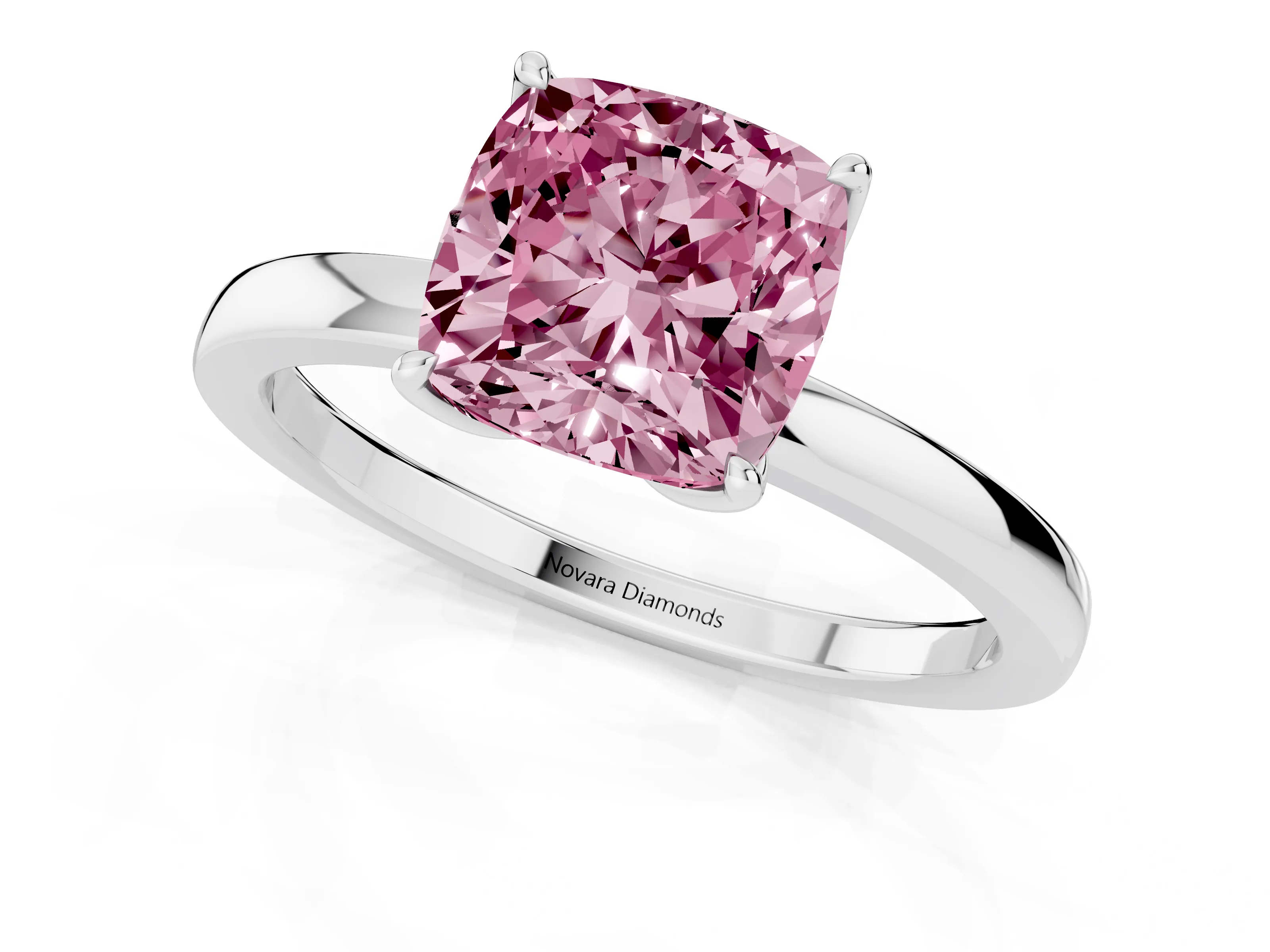 Fancy Pink Cushion Cut Diamond Solitaire Ring Set in White gold with Prong Setting and Thin Polished Band