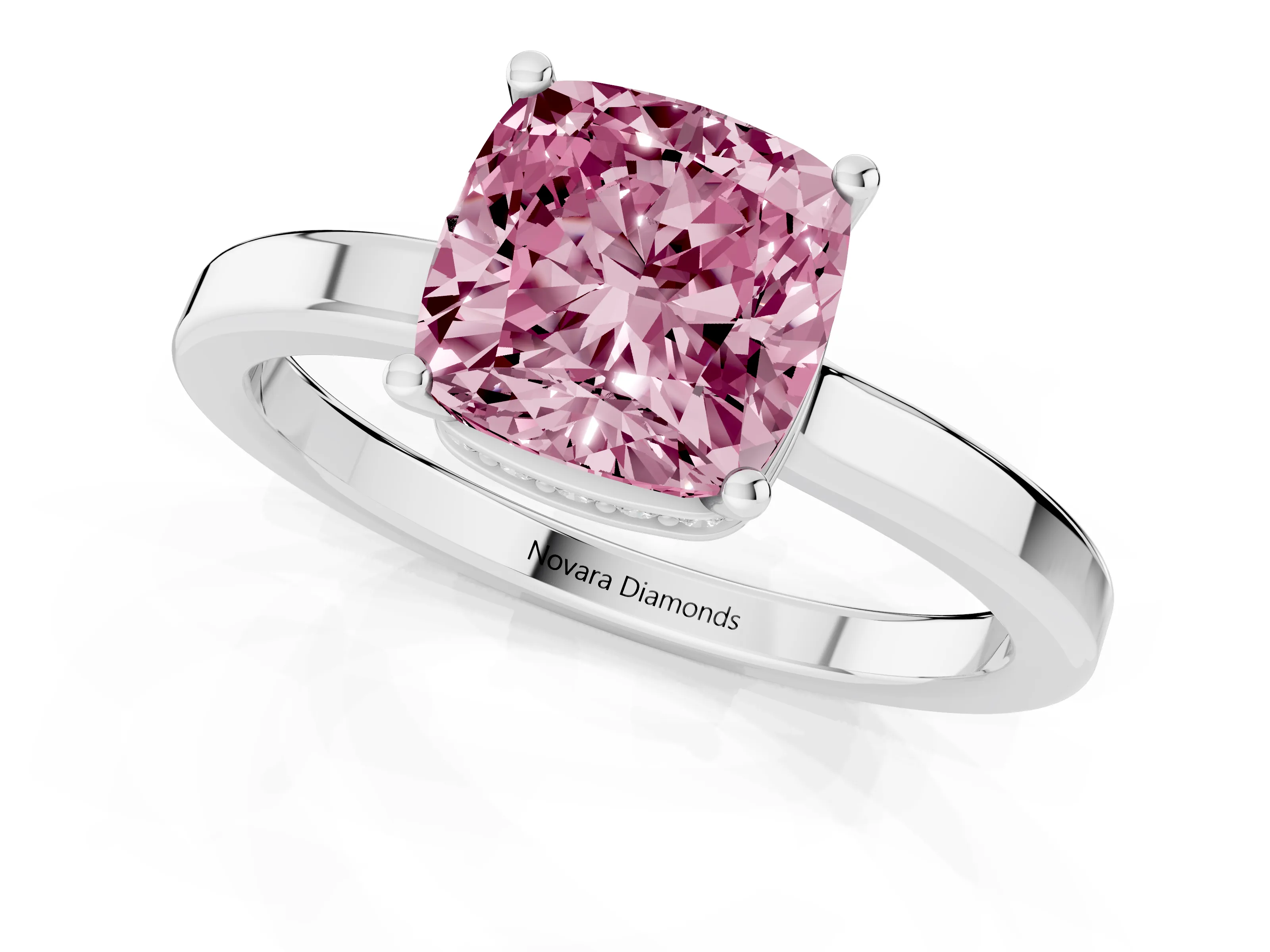 Fancy Pink Cushion Cut Diamond Solitaire Engagement Ring Set in White gold with Prong Setting on a Plain Band
