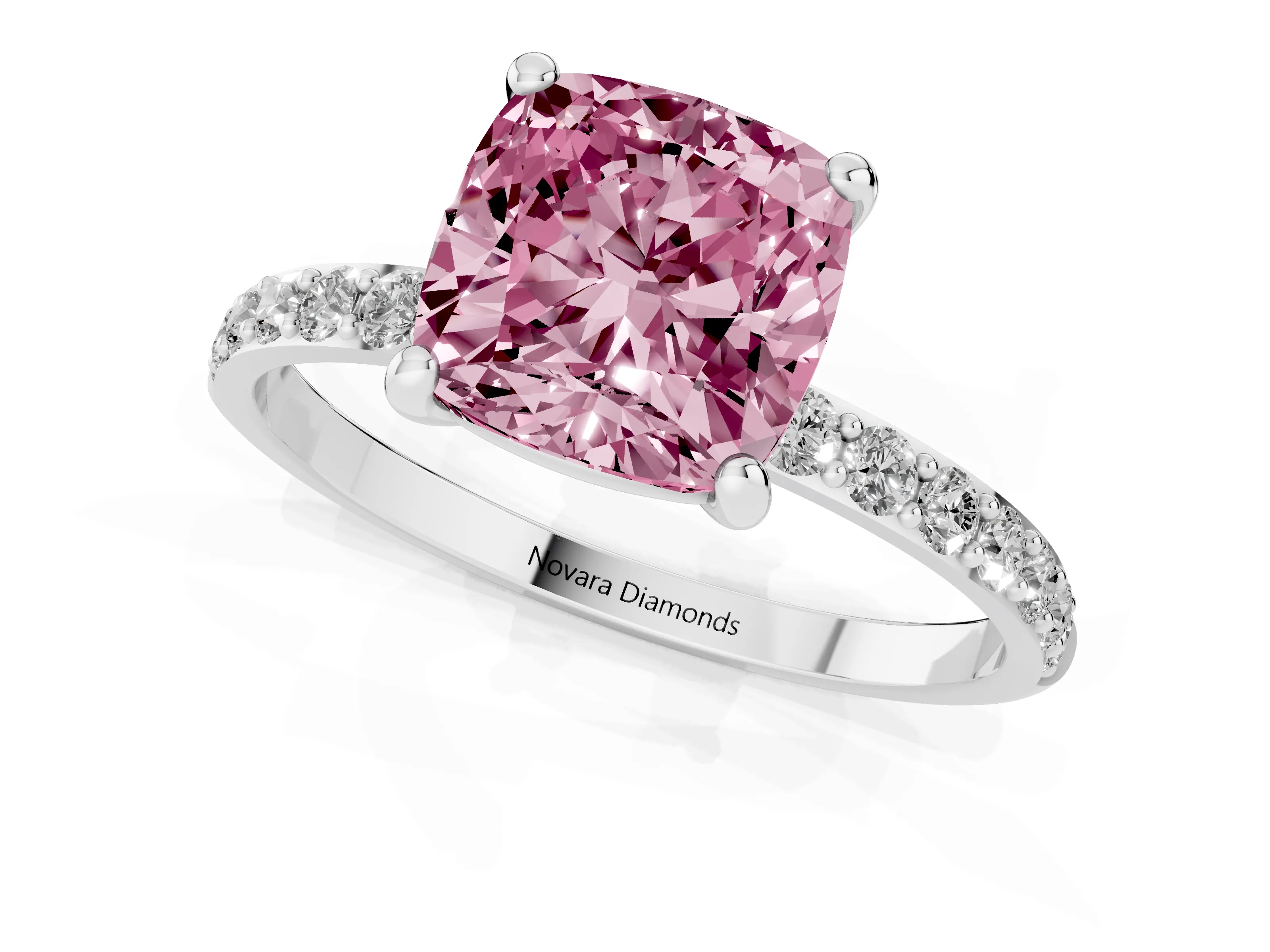 Fancy Pink Cushion Cut Diamond Solitaire Ring Set in Platinum with Round Pavé Band and Prong Setting