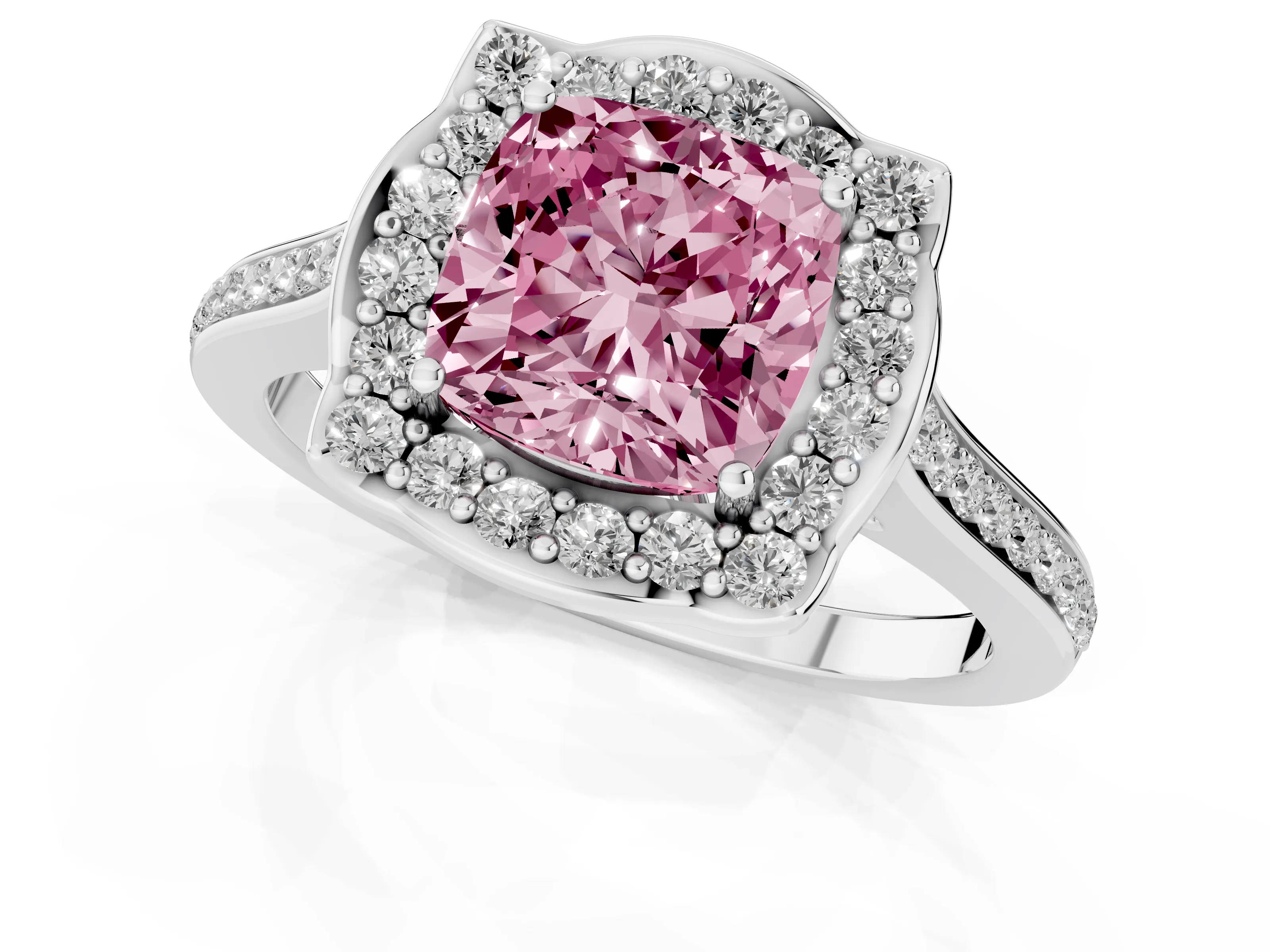 Fancy Pink Cushion Cut Diamond Halo Ring Set in White gold with Pavé-Lined Shoulders and Prong Setting