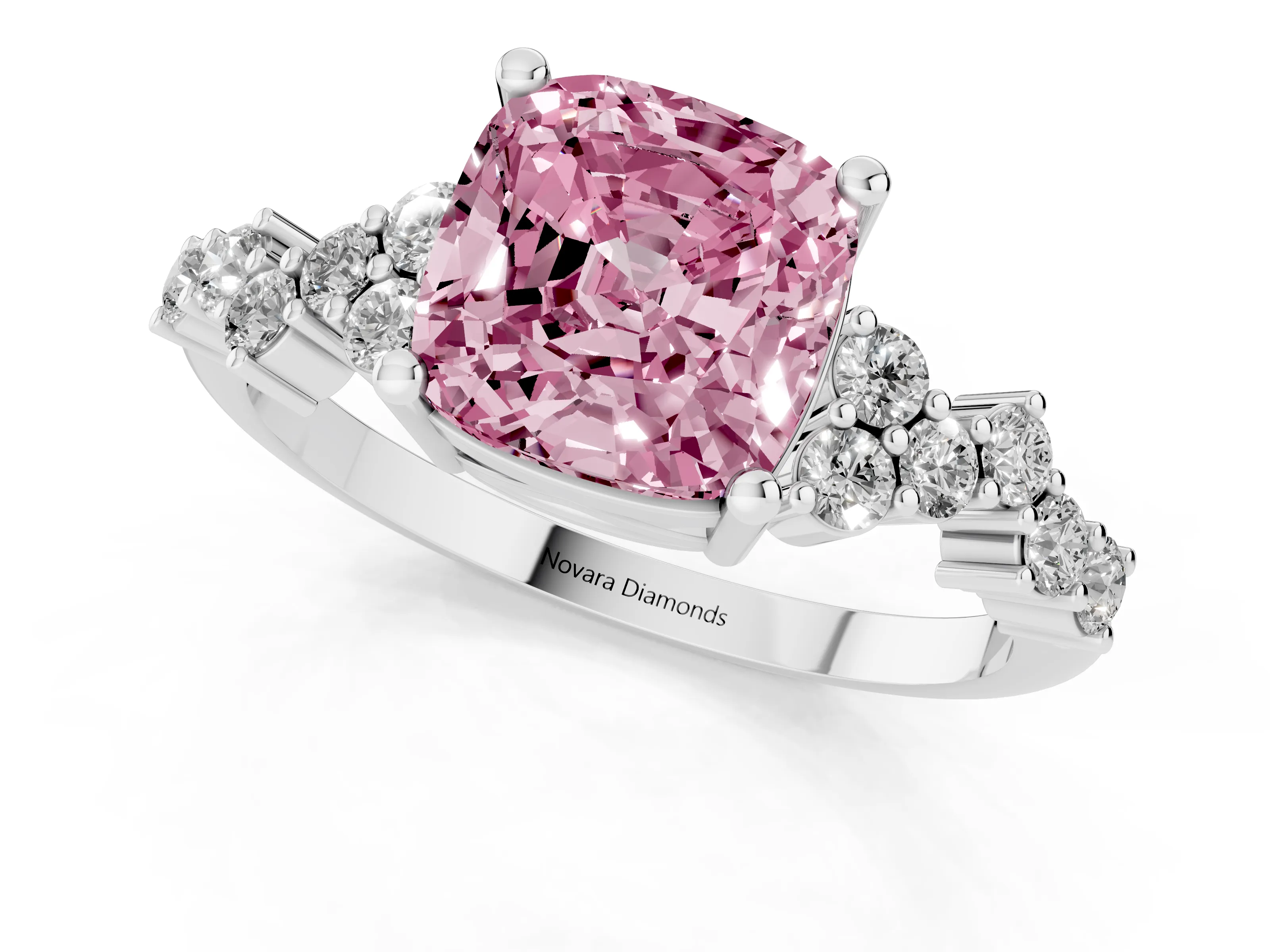 Fancy Pink Cushion Cut Diamond Ring Set in White gold with Scattered Round Accents