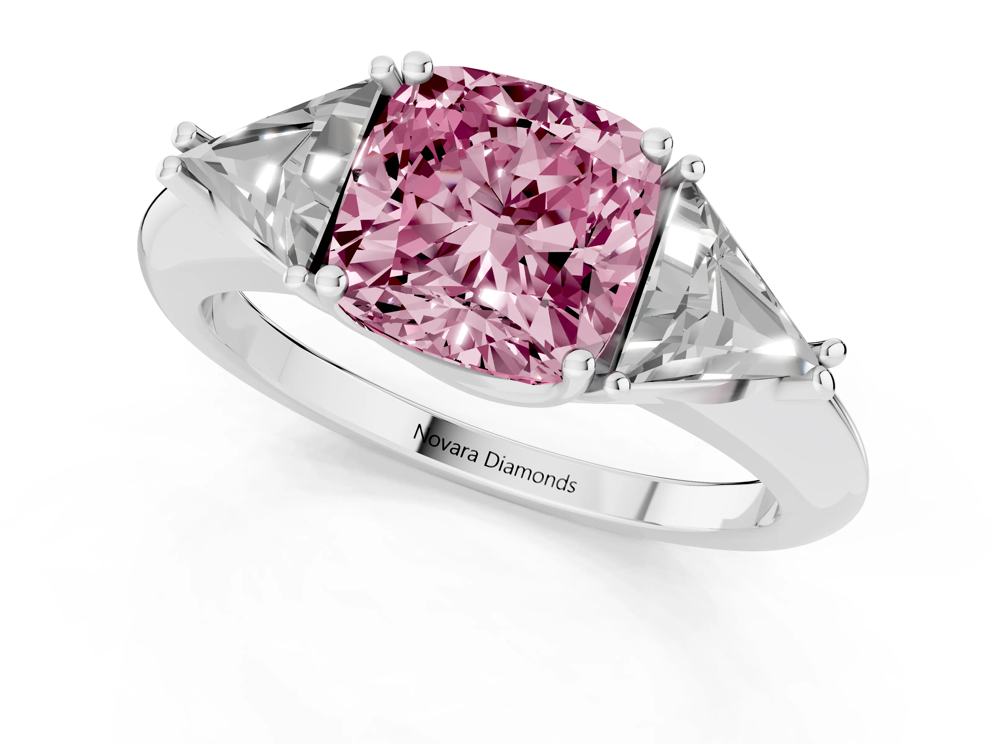 Fancy Pink Cushion Cut Diamond Three-Stone Engagement Ring Set in White gold with Trillion Side Stones