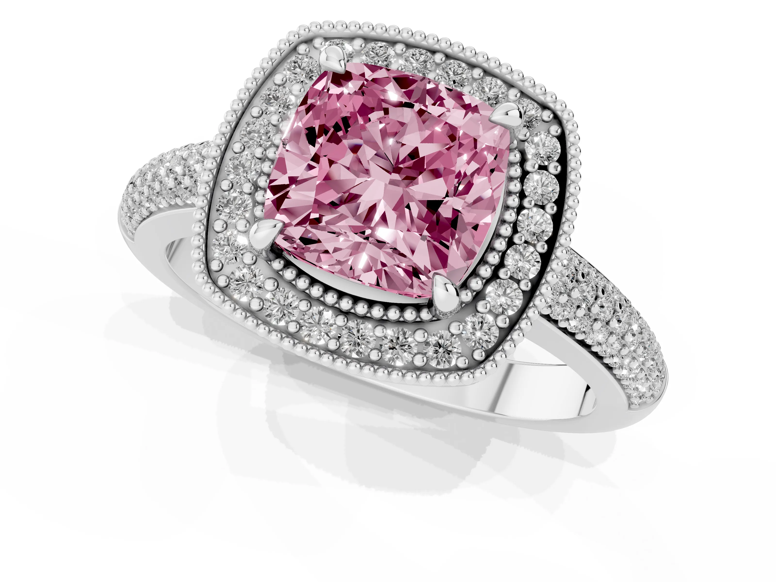 Fancy Pink Cushion Cut Diamond Halo Pavé Band Set in Platinum with Prong Setting