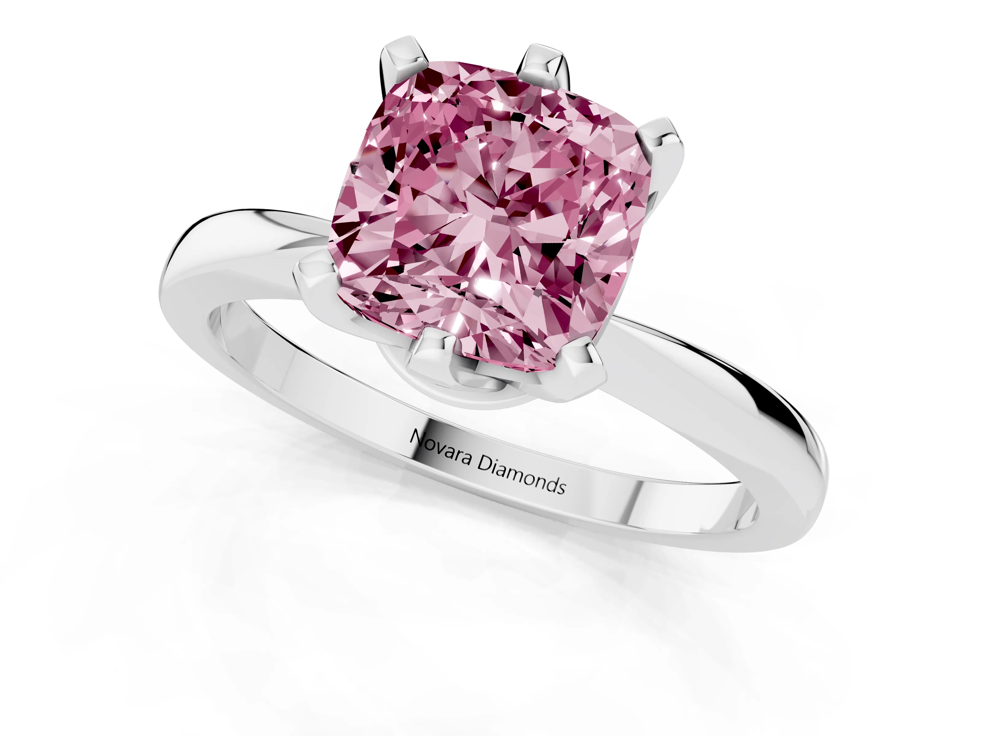 Fancy Pink Cushion Cut Diamond Solitaire Engagement Ring Set in White gold with Slim Tapered Solitaire Band