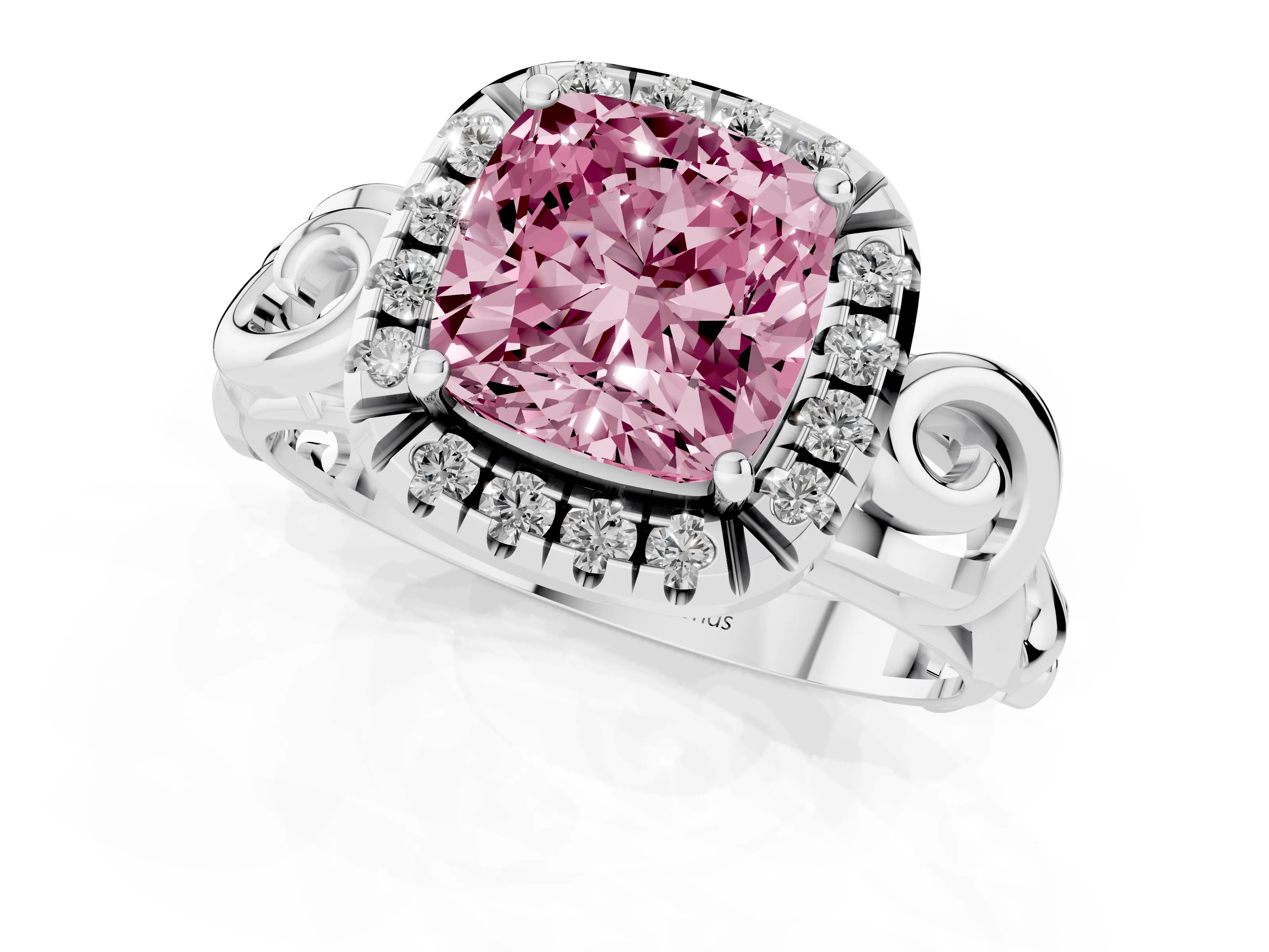 Fancy Pink Cushion Cut Diamond Halo Ring Set in Platinum with Scrollwork Band and Prong Setting