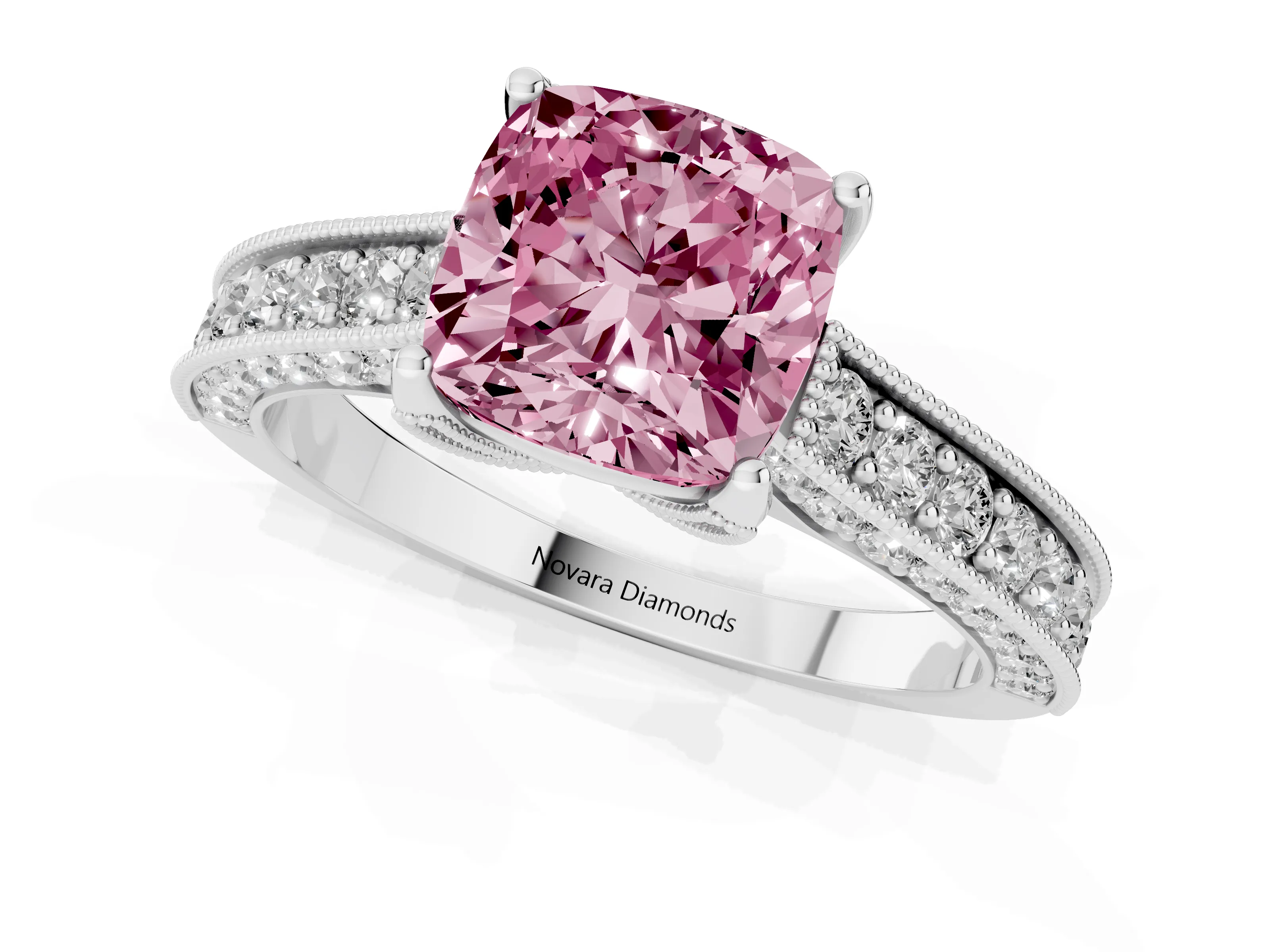 Fancy Pink Cushion Cut Diamond Solitaire Ring Set in Silver with Milgrain-Edged Pavé Band and Prong Setting