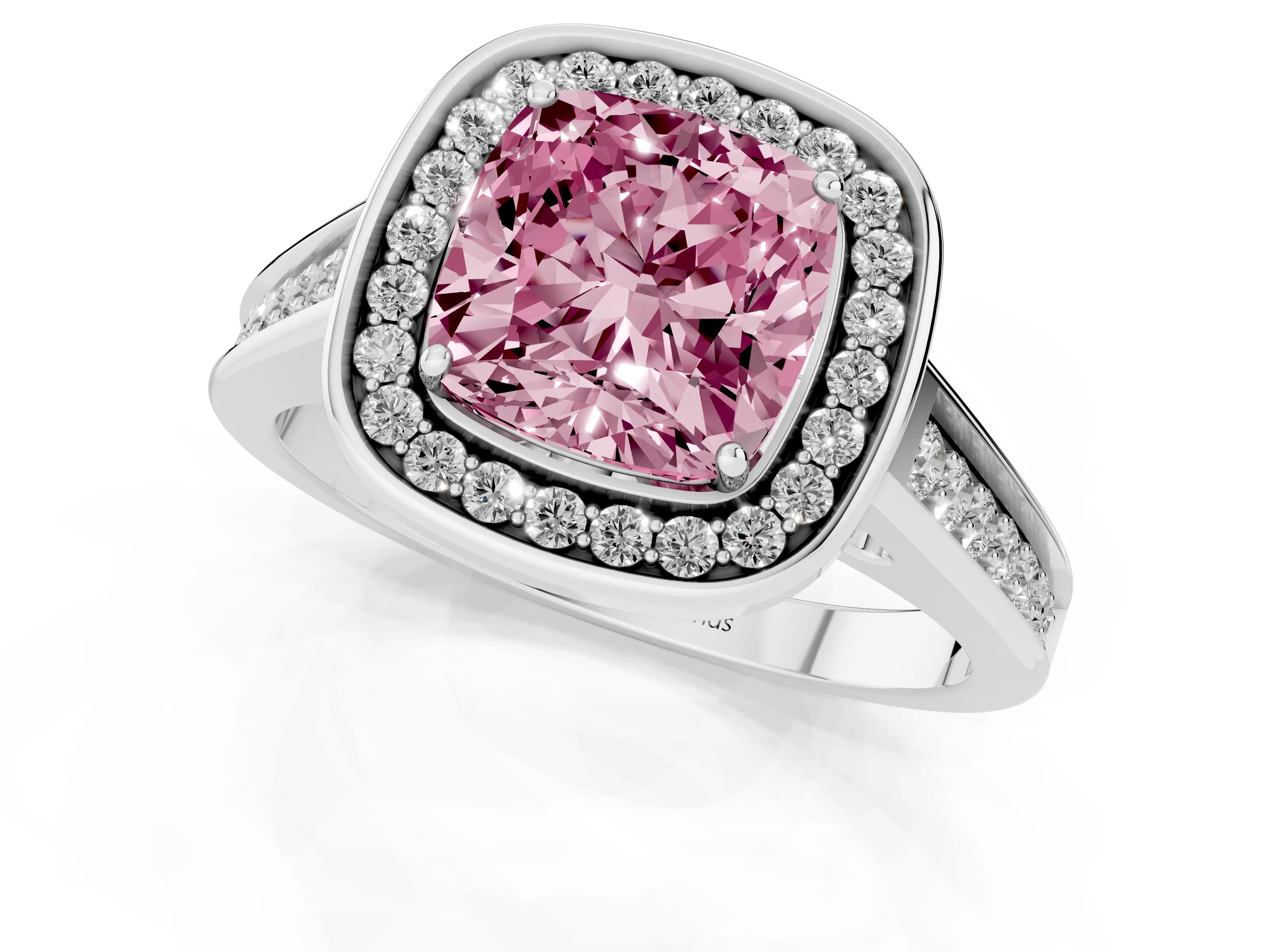 Fancy Pink Cushion Cut Diamond Halo Solitaire Ring Set in Platinum with Pavé Band and Bezel Setting