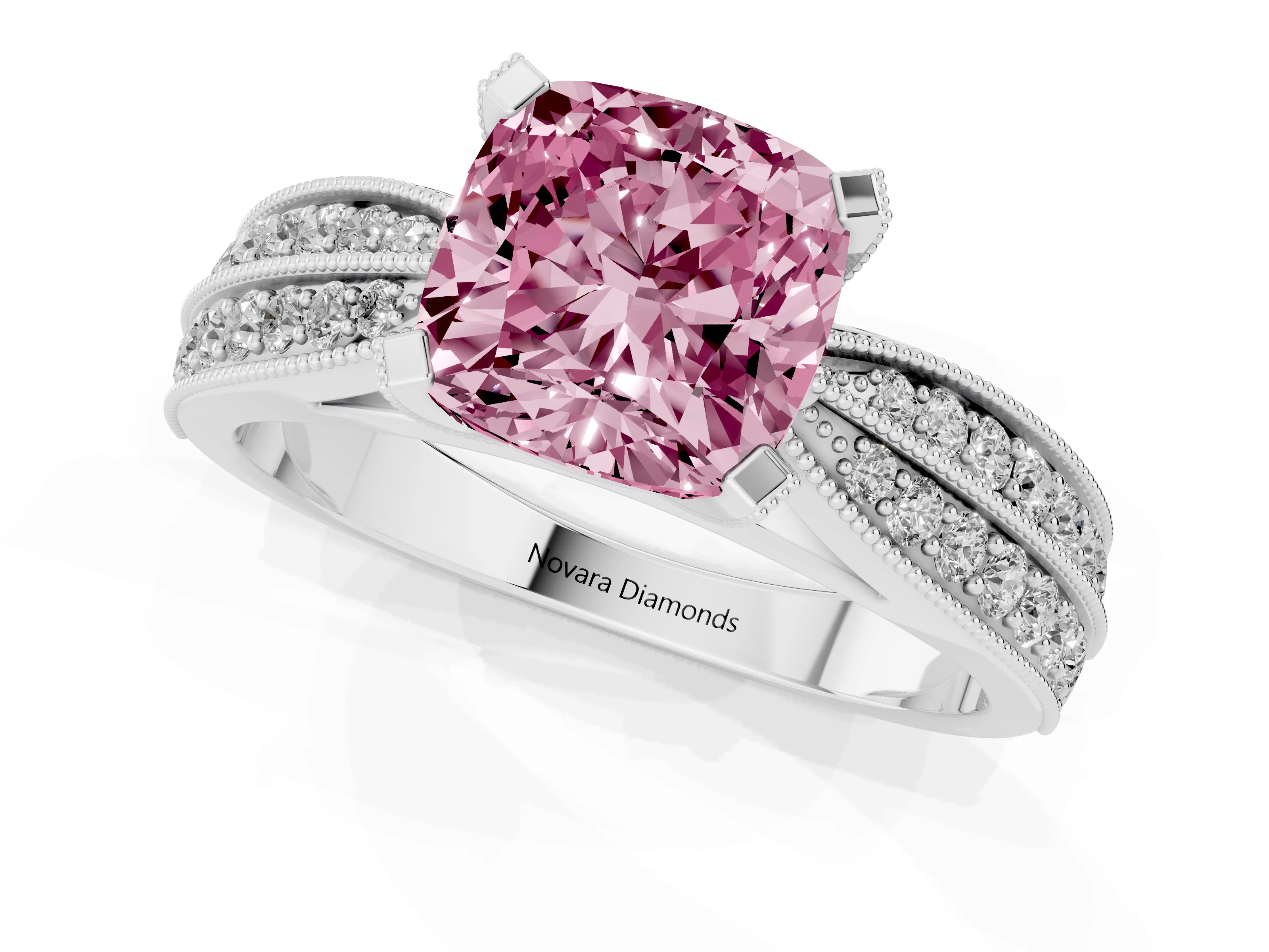Fancy Pink Cushion Cut Diamond Solitaire Ring Set in Platinum with Milgrain Double Row Round Pavé Band