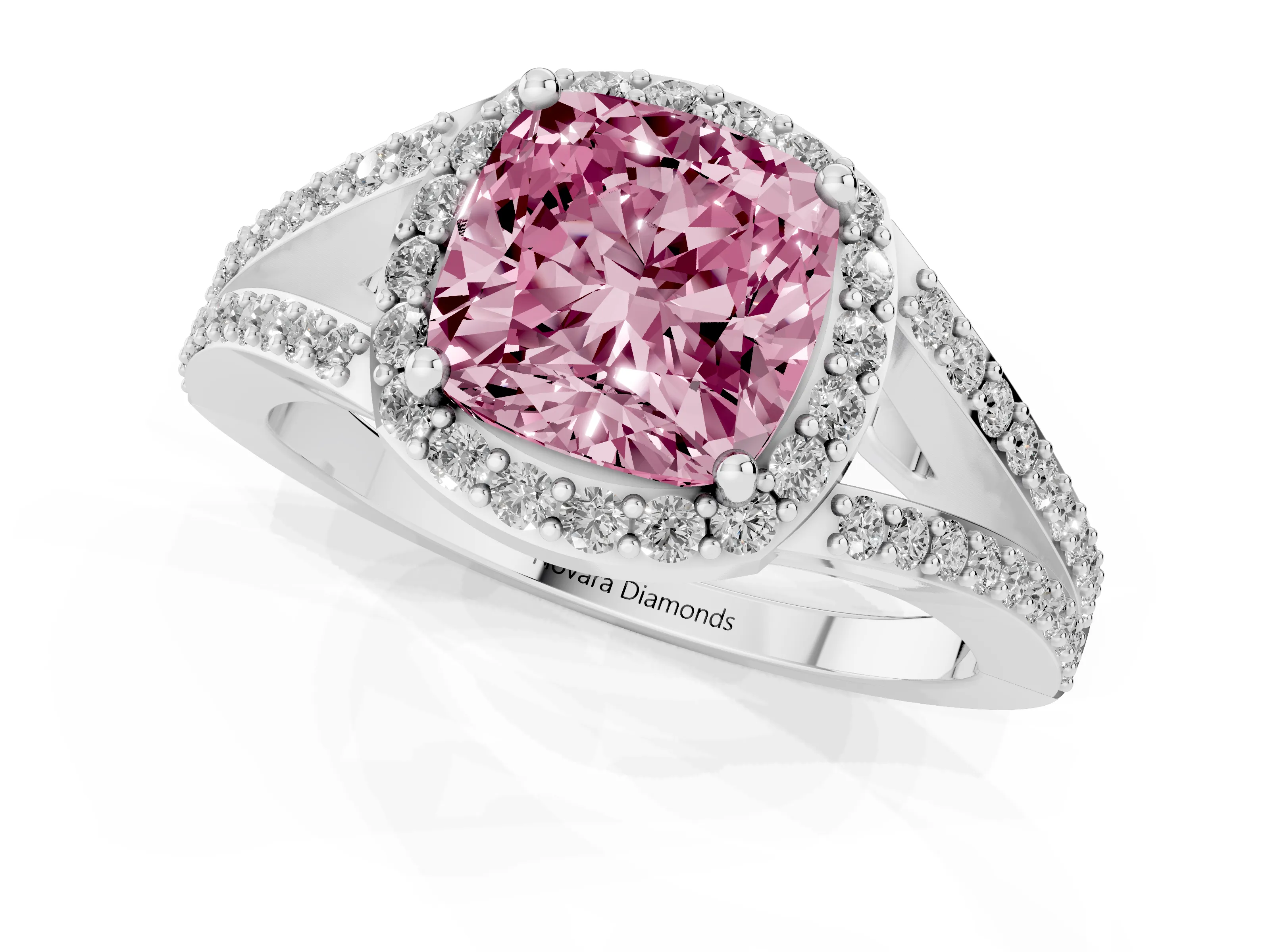Fancy Pink Cushion Cut Diamond Halo Split Shank Ring Set in White gold with Accent Stones and Prong Setting