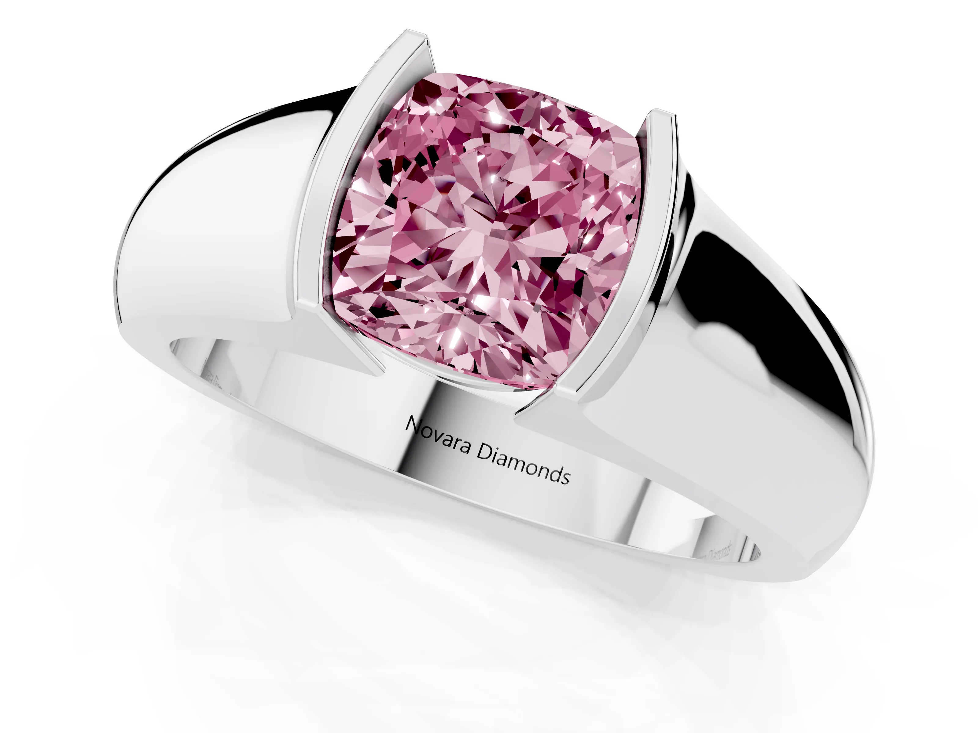 Fancy Pink Cushion Cut Diamond Bezel Solitaire Ring Set in White gold with Wide Band
