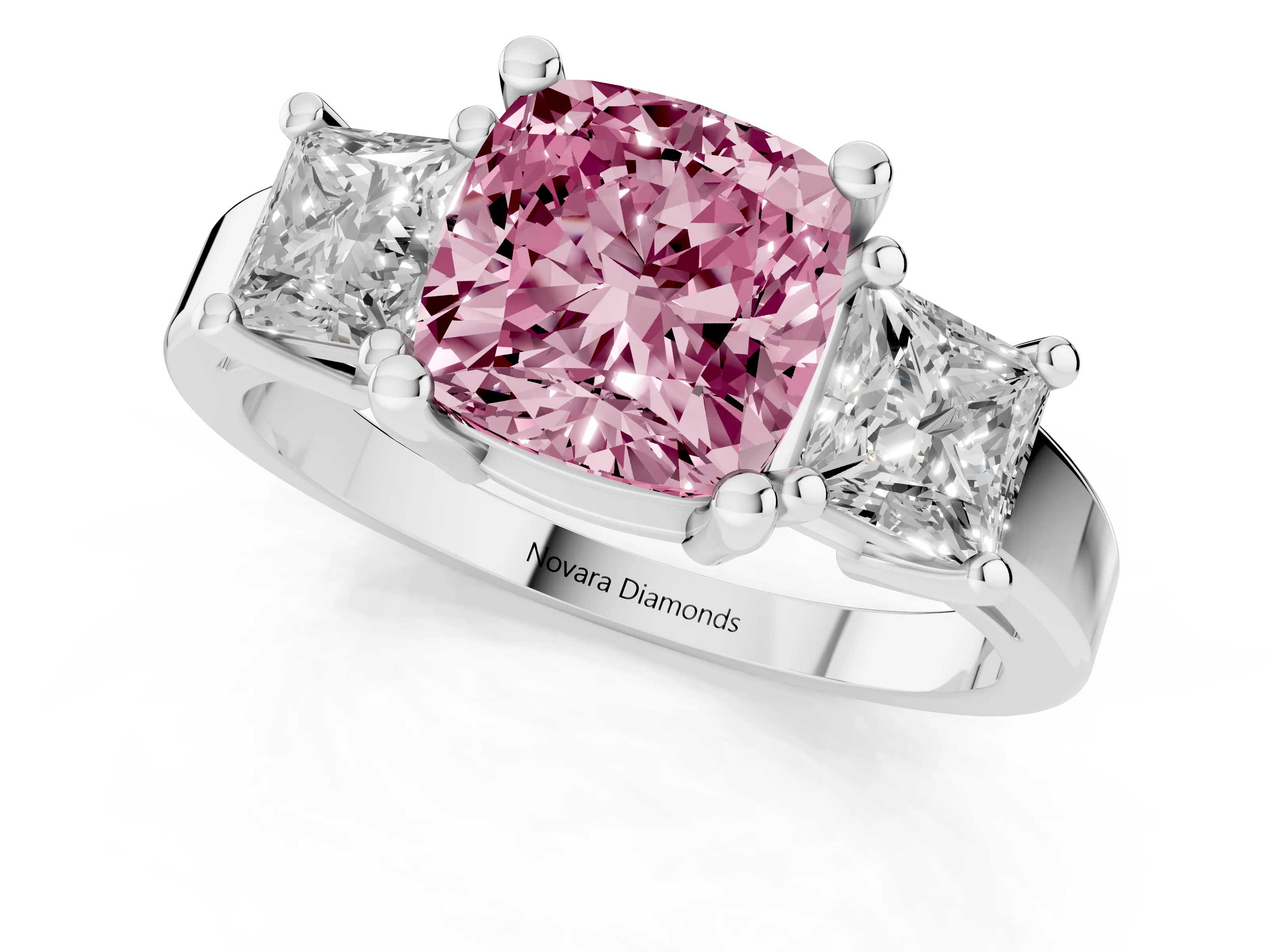 Fancy Pink Three-Stone Cushion Cut Diamond Solitaire Ring Set in Silver with Prong Setting