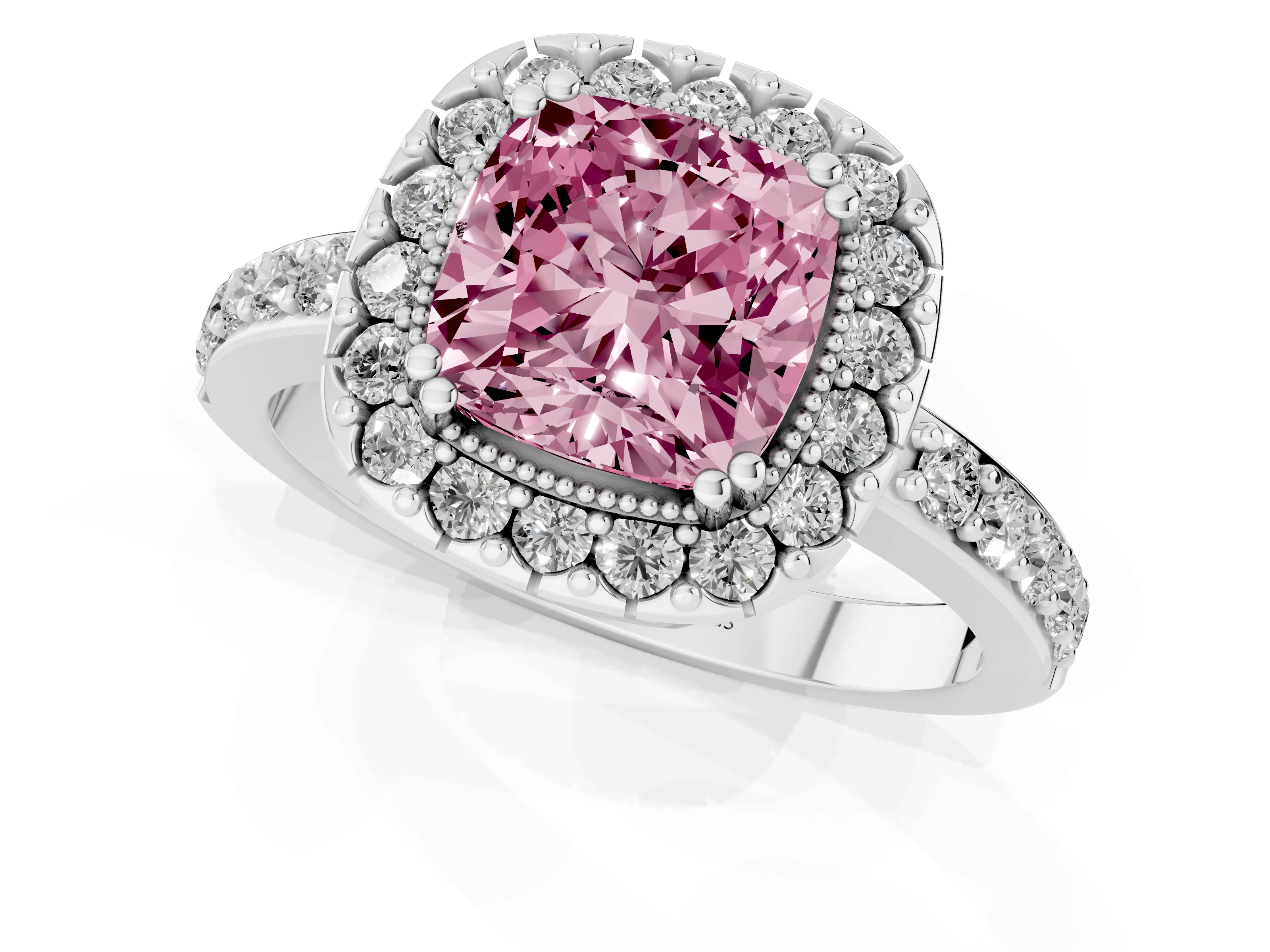 Fancy Pink Cushion Cut Diamond Halo Ring Set in White gold with Pavé Shank and Prong Setting