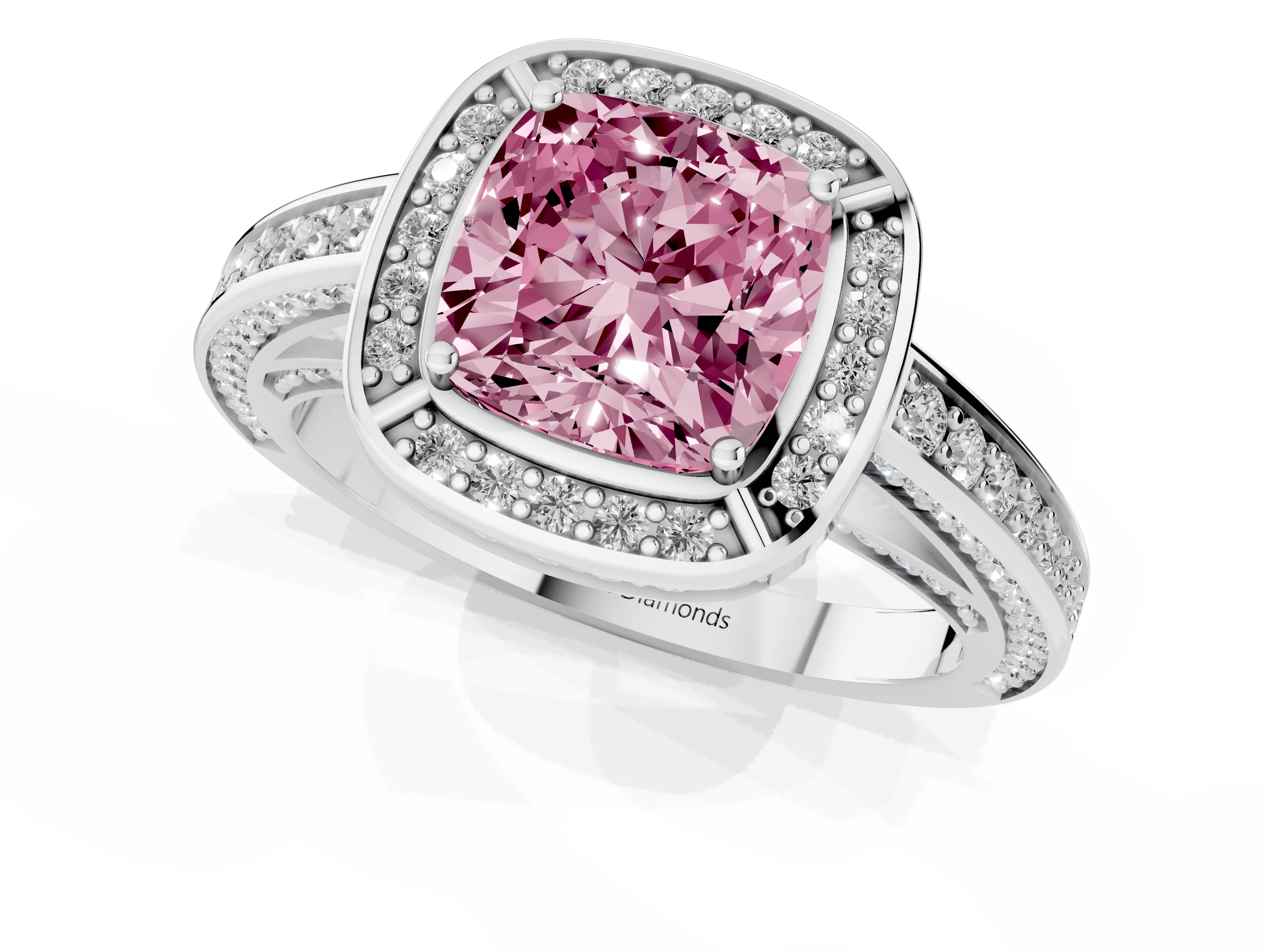 Fancy Pink Cushion Cut Diamond Halo Pavé Split Shank Ring Set in Silver with Prong Setting