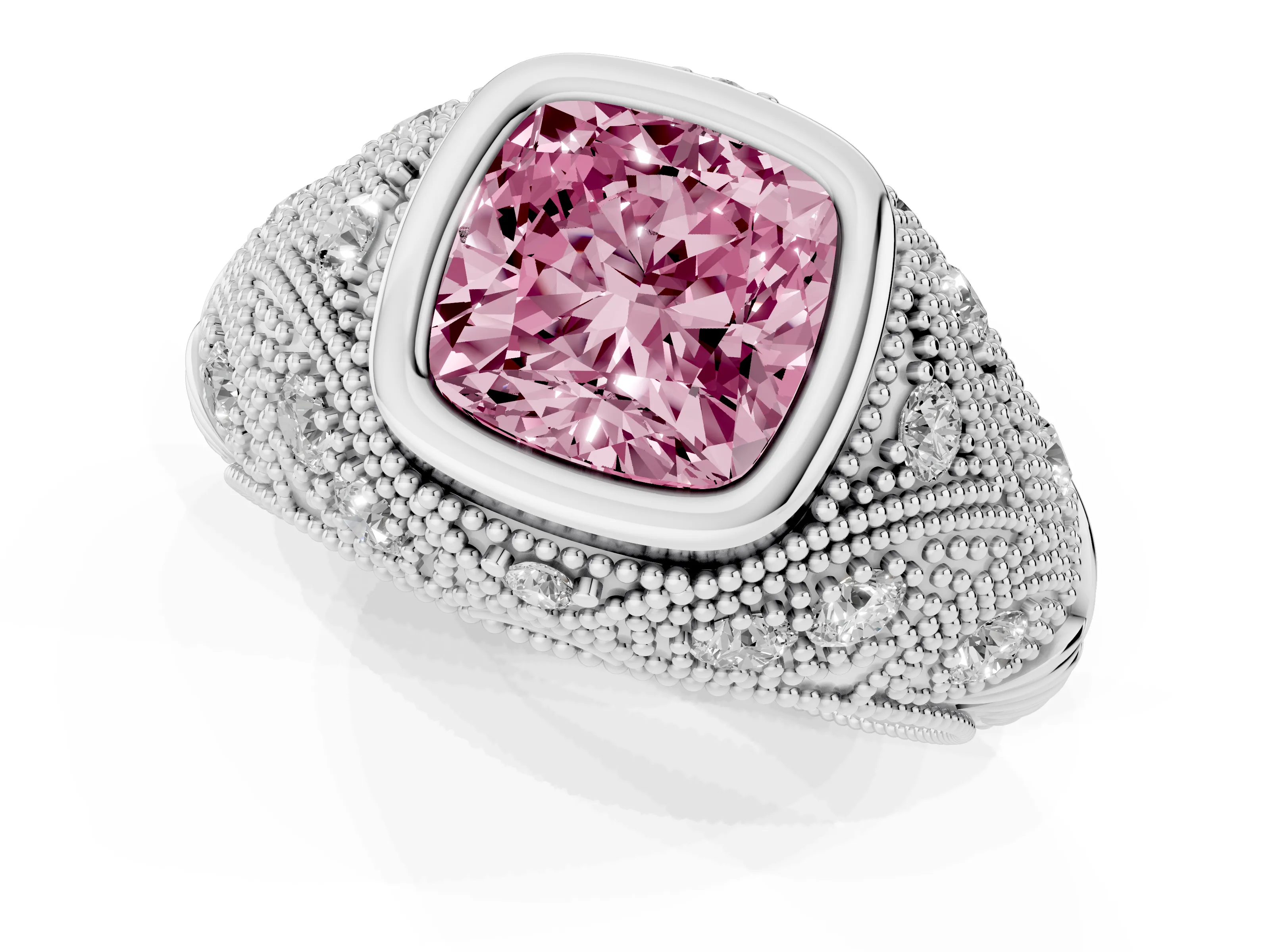 Fancy Pink Cushion Cut Diamond Bezel Ring Set in Silver with Milgrain Accent Band