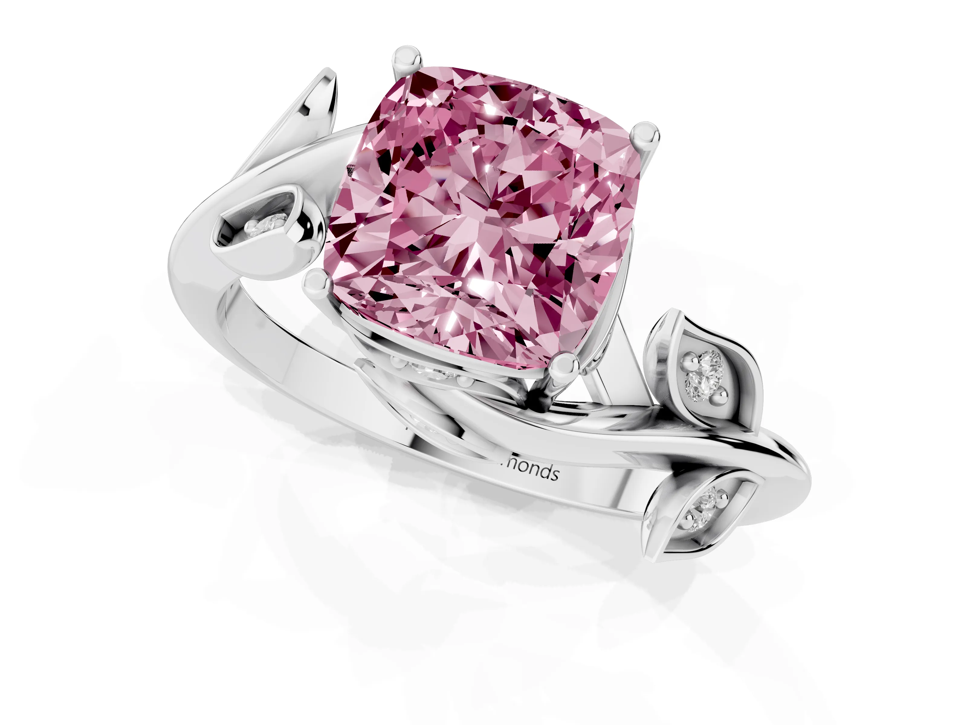 Fancy Pink Cushion Cut Diamond Solitaire Twist Engagement Ring Set in Platinum with Pavé Leaf Accents