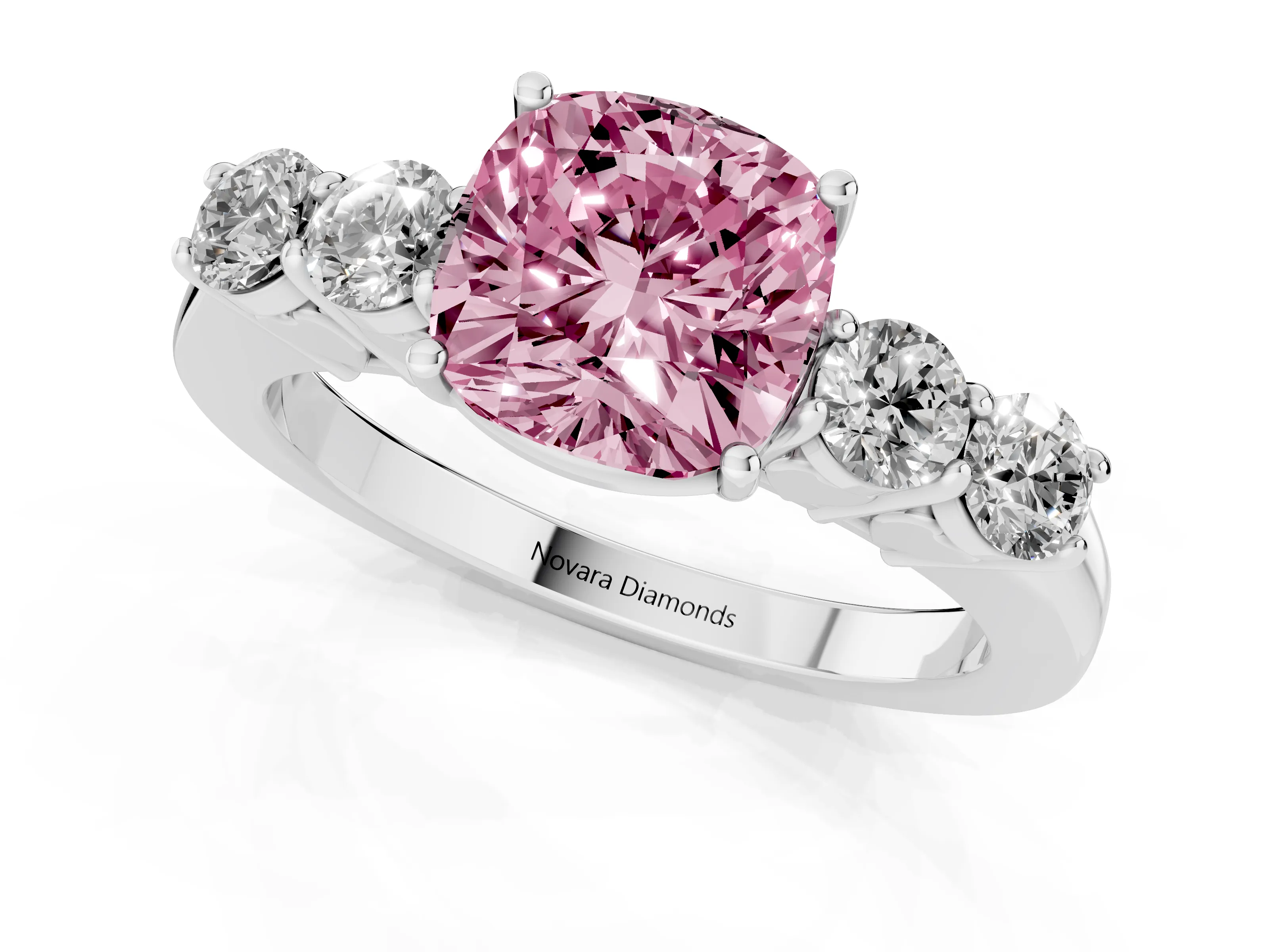 Fancy Pink Cushion Cut Diamond Five-Stone Prong Set Band Ring Set in White gold with Polished Band