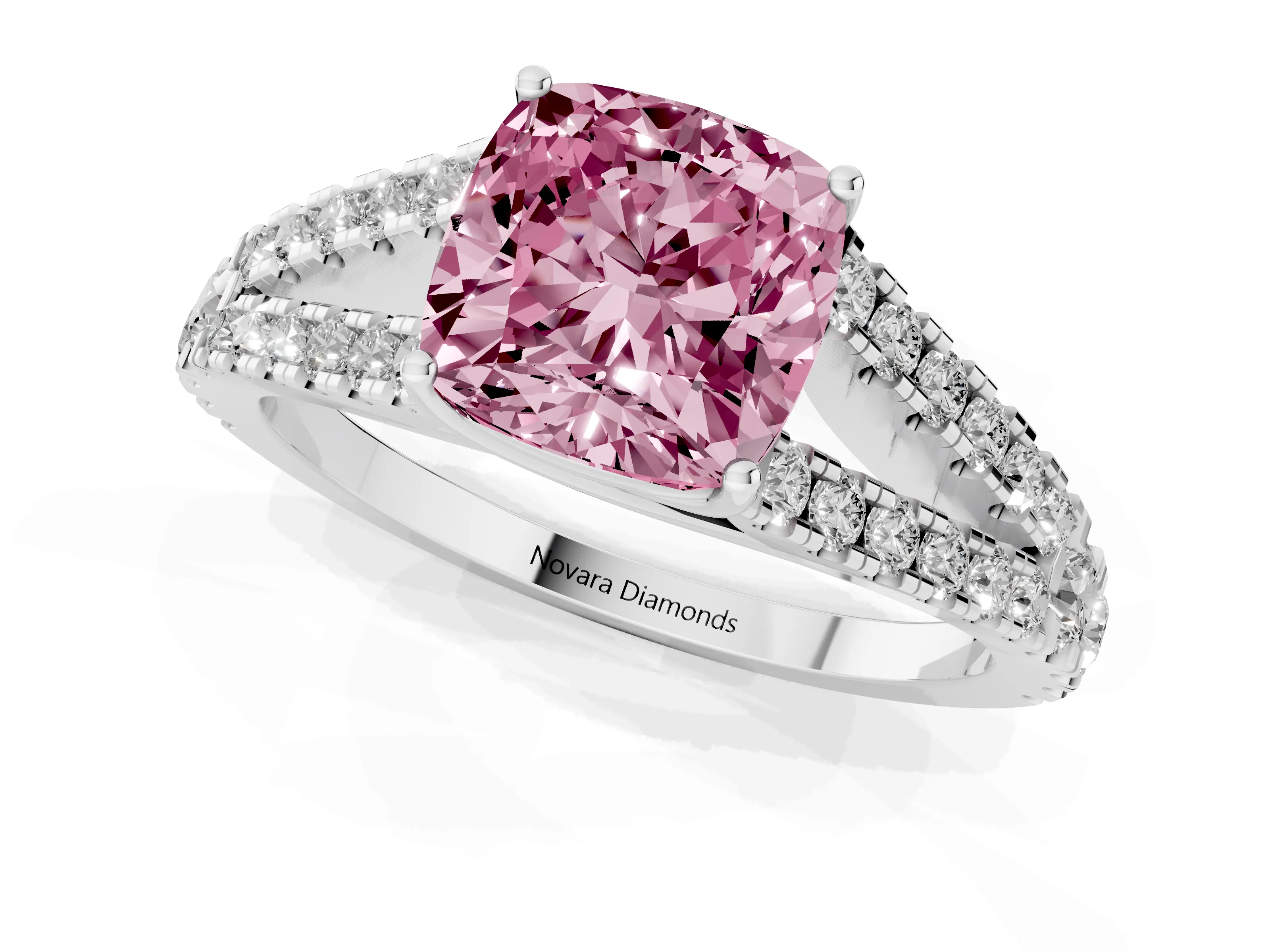 Fancy Pink Cushion Cut Diamond Split Shank Pavé Engagement Ring Set in Platinum with Prong-Held Center Stone