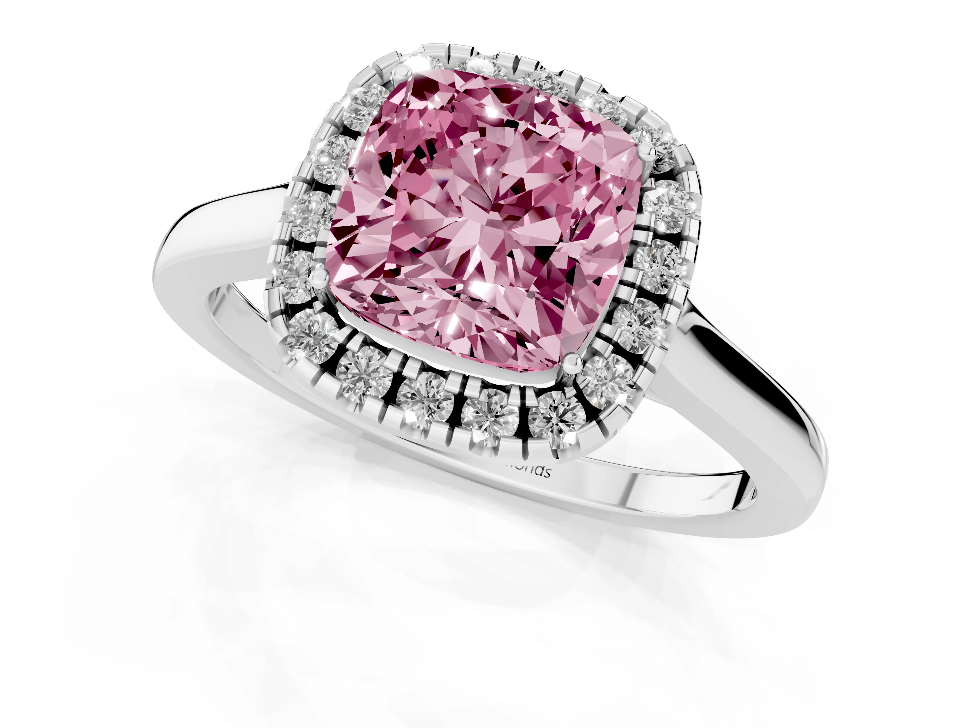 Fancy Pink Cushion Cut Halo Round Diamond Solitaire Ring Set in White gold with Pavé Band and Prong Setting