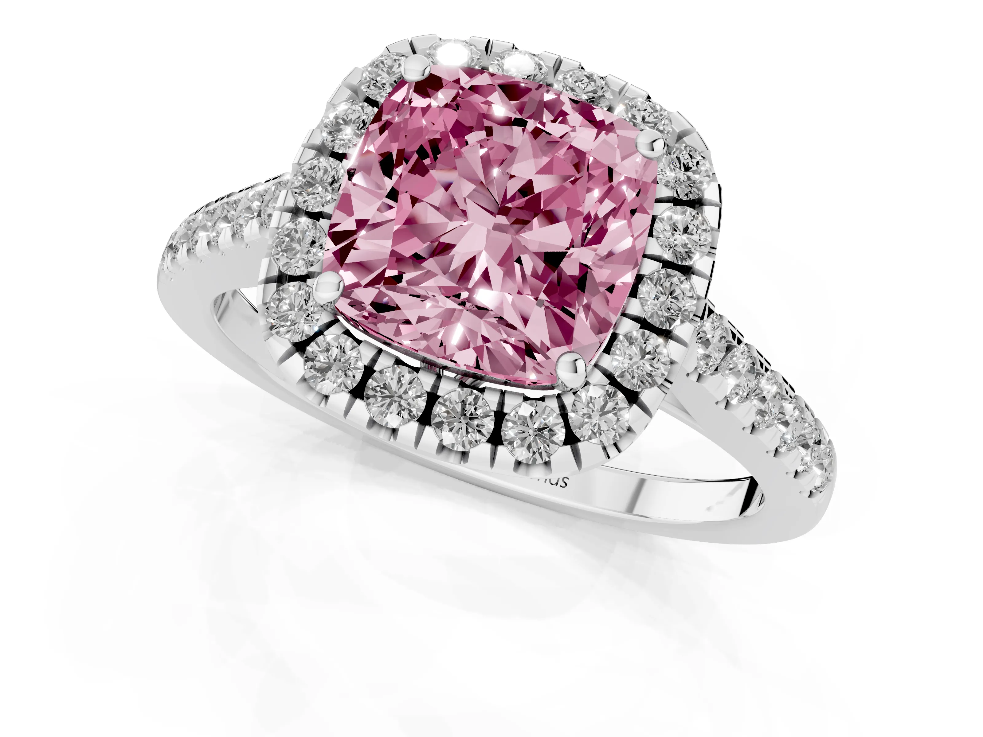 Fancy Pink Cushion Cut Diamond Pavé Halo Engagement Ring Set in Platinum with Pavé Band and Prong Setting