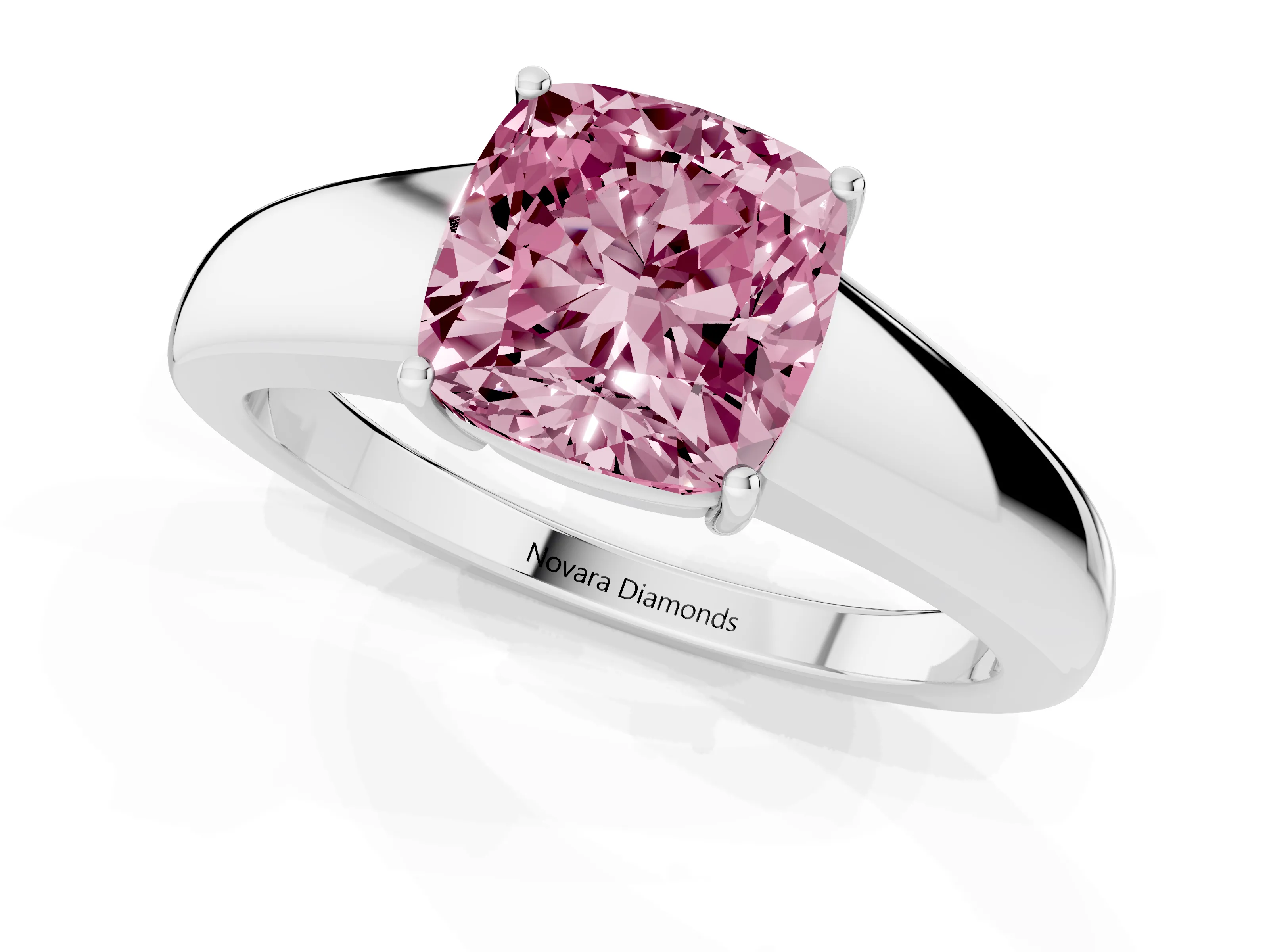 Fancy Pink Cushion Cut Diamond Solitaire Ring Set in White gold with Tapered Band and Prong Setting