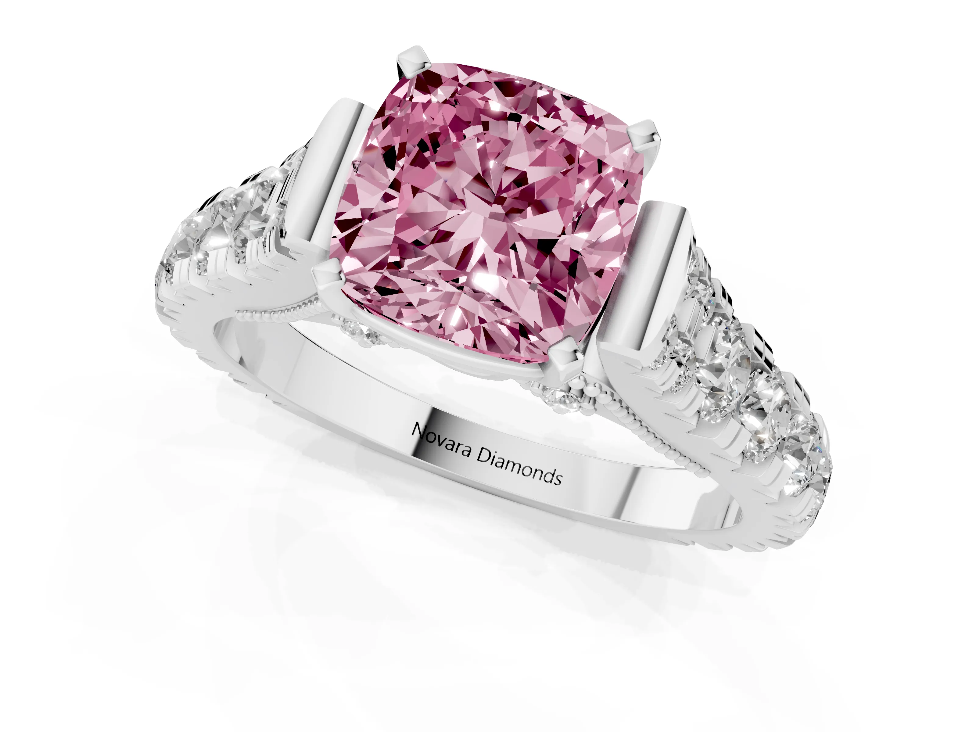 Fancy Pink Cushion Cut Diamond Classic Solitaire Ring Set in White gold with Pavé Band and Prong Setting