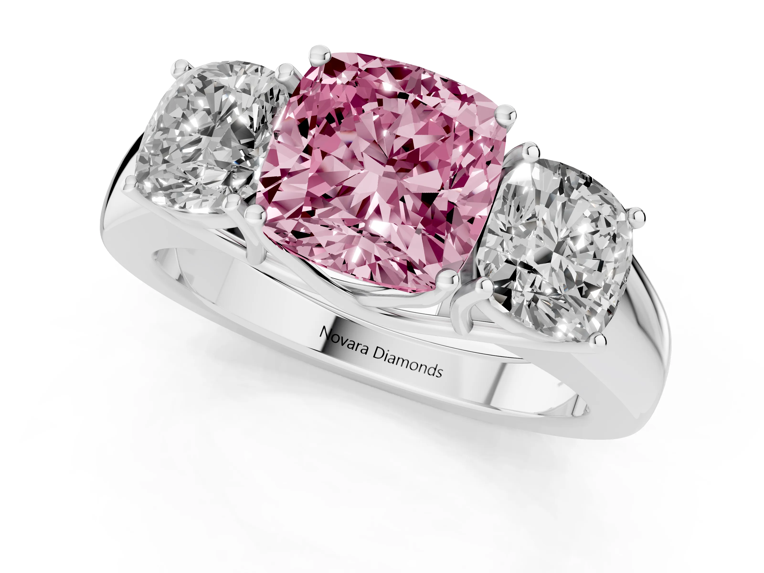 Fancy Pink Three-Stone Cushion Cut Diamond Ring Set in Silver with Matching Prong Settings and Plain Band