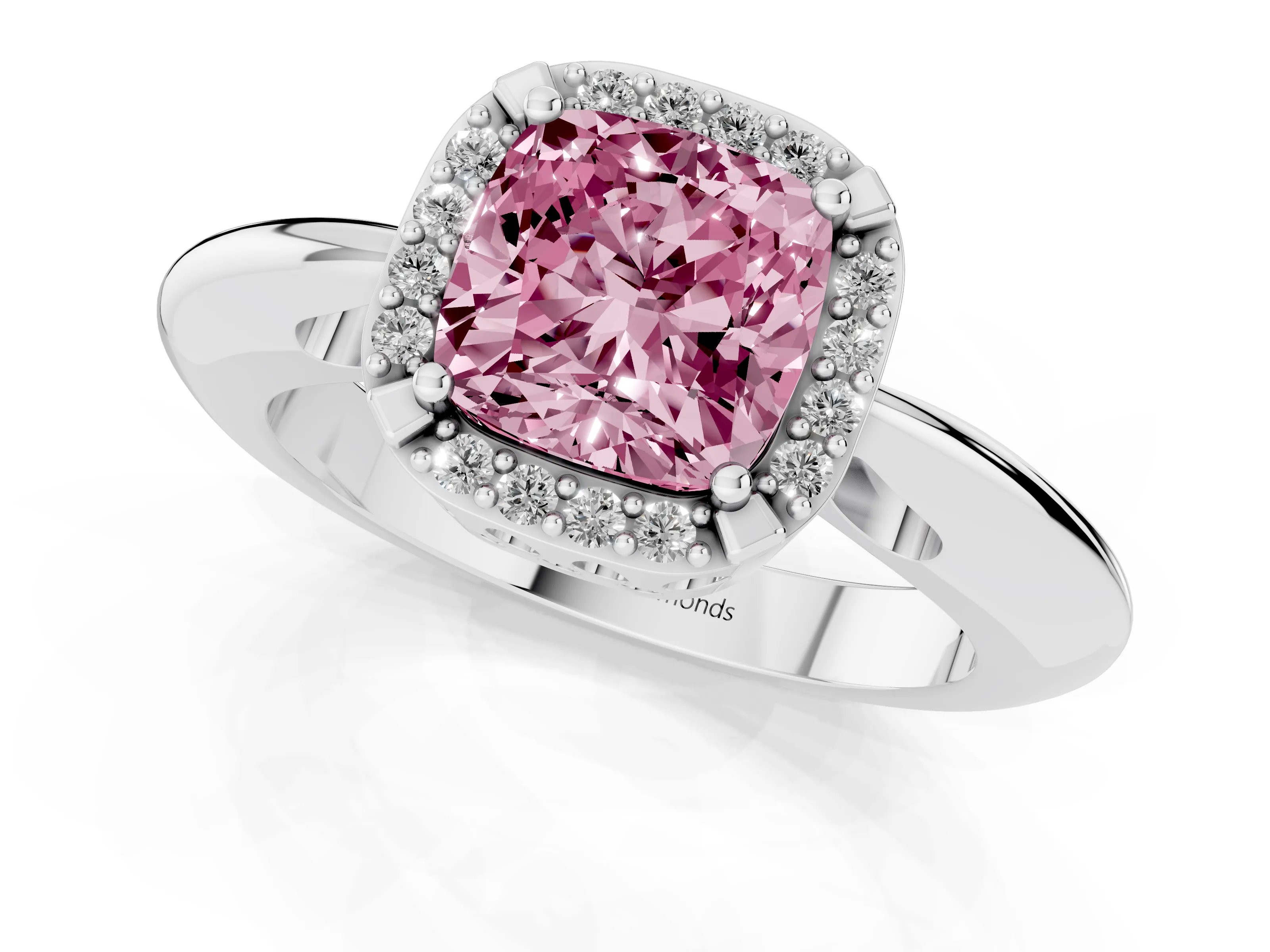 Fancy Pink Cushion Cut Diamond Halo Engagement Ring Set in White gold with Plain Split Shank and Prong Setting