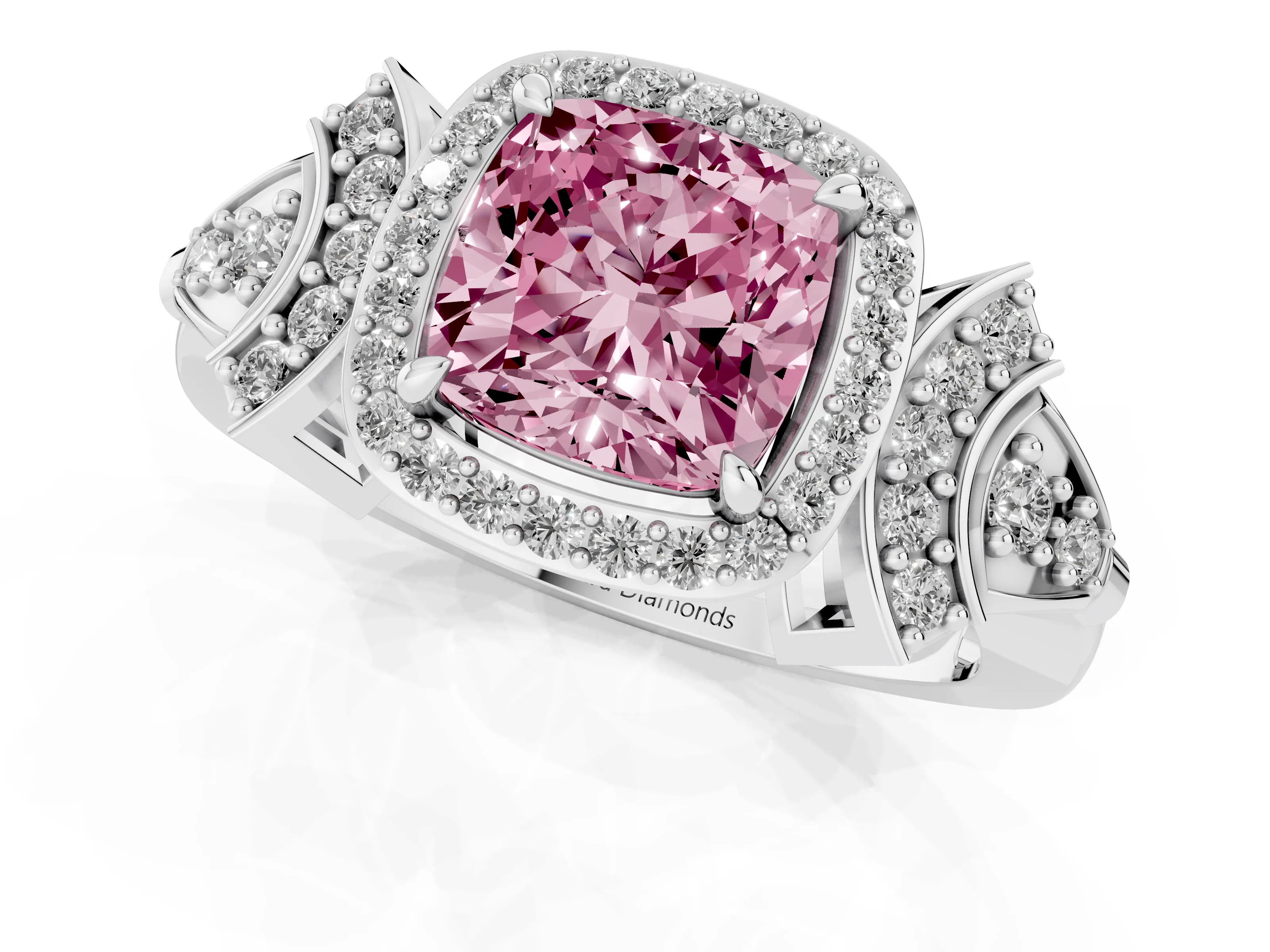 Fancy Pink Cushion Cut Diamond Halo Engagement Ring Set in Platinum with Accent Stone Split Shank