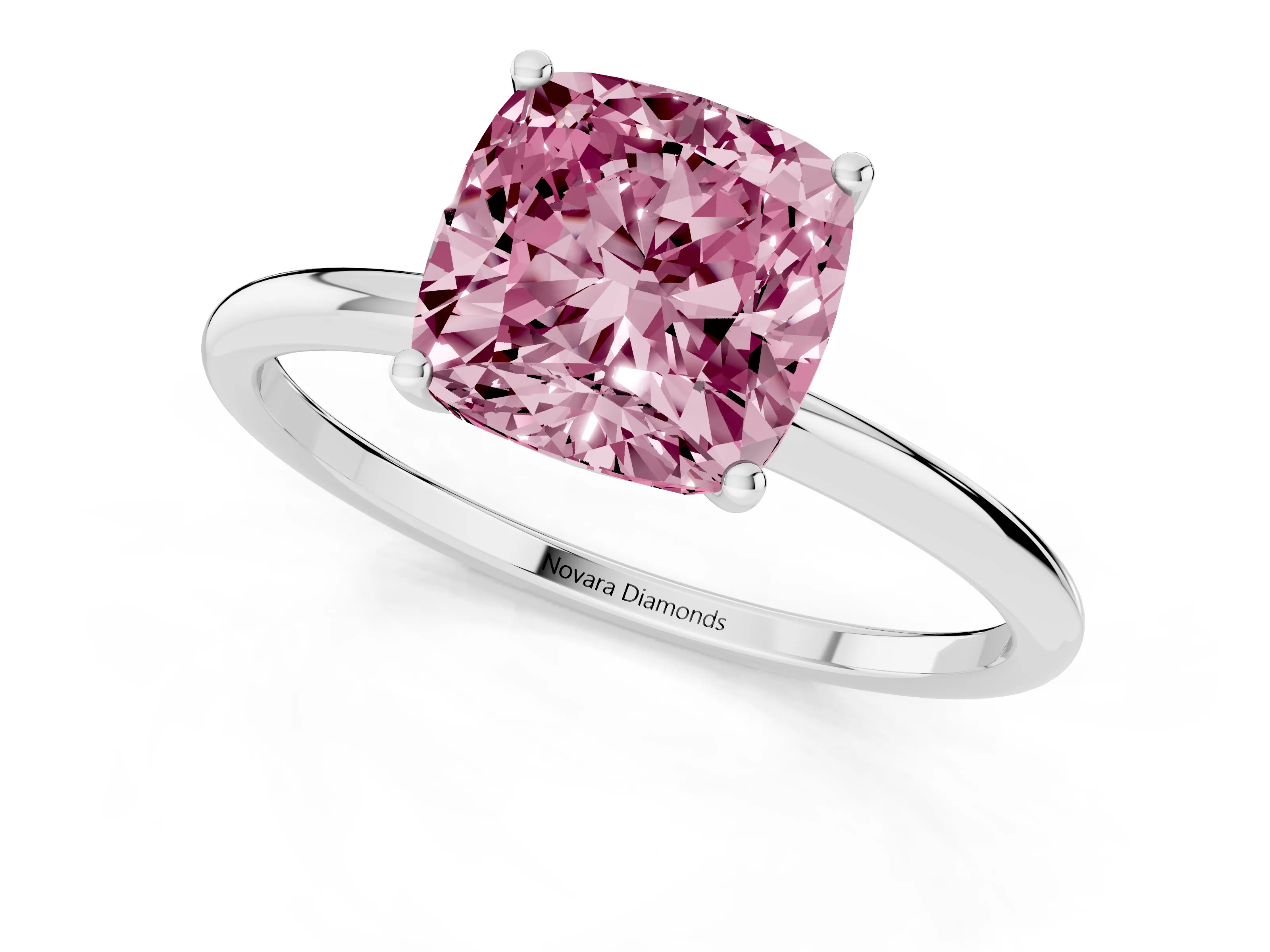 Fancy Pink Cushion Cut Diamond Solitaire Engagement Ring Set in White gold with Thin Band and Prong Setting