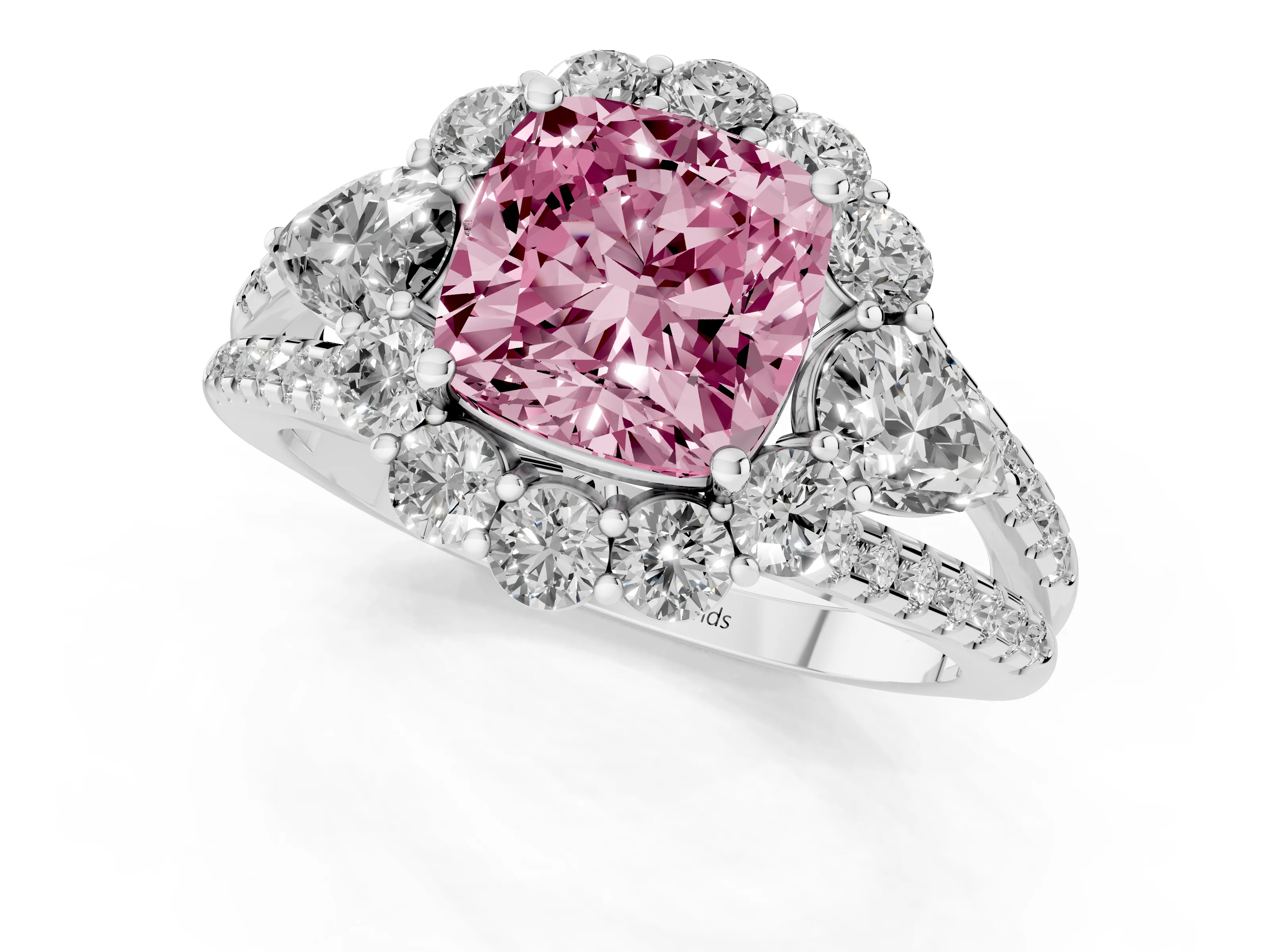 Fancy Pink Cushion Cut Diamond Halo Split Shank Engagement Ring Set in Platinum with Prong-Held Center Stone