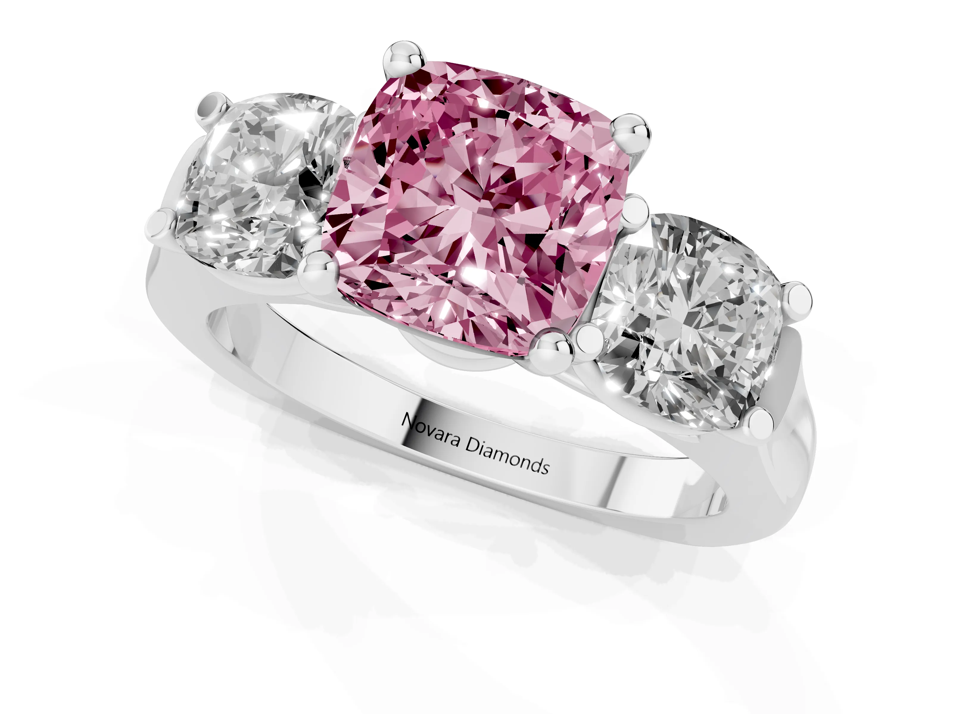 Fancy Pink Cushion Cut Diamond Three-Stone Trellis Ring Set in Platinum with Comfort Fit Band