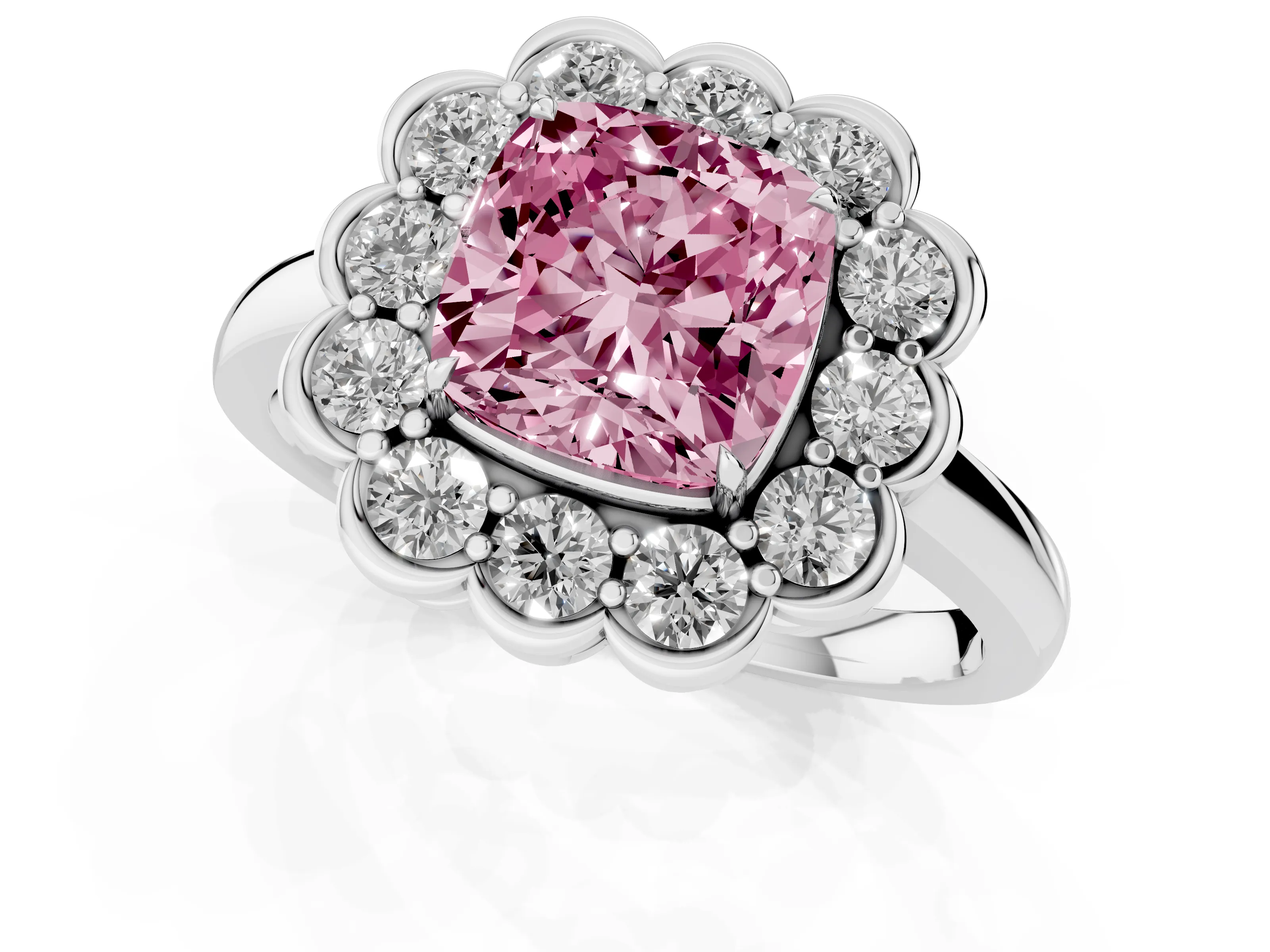Fancy Pink Cushion Cut Diamond Halo Cluster Engagement Ring Set in Platinum with Solitaire Band and Prong Setting