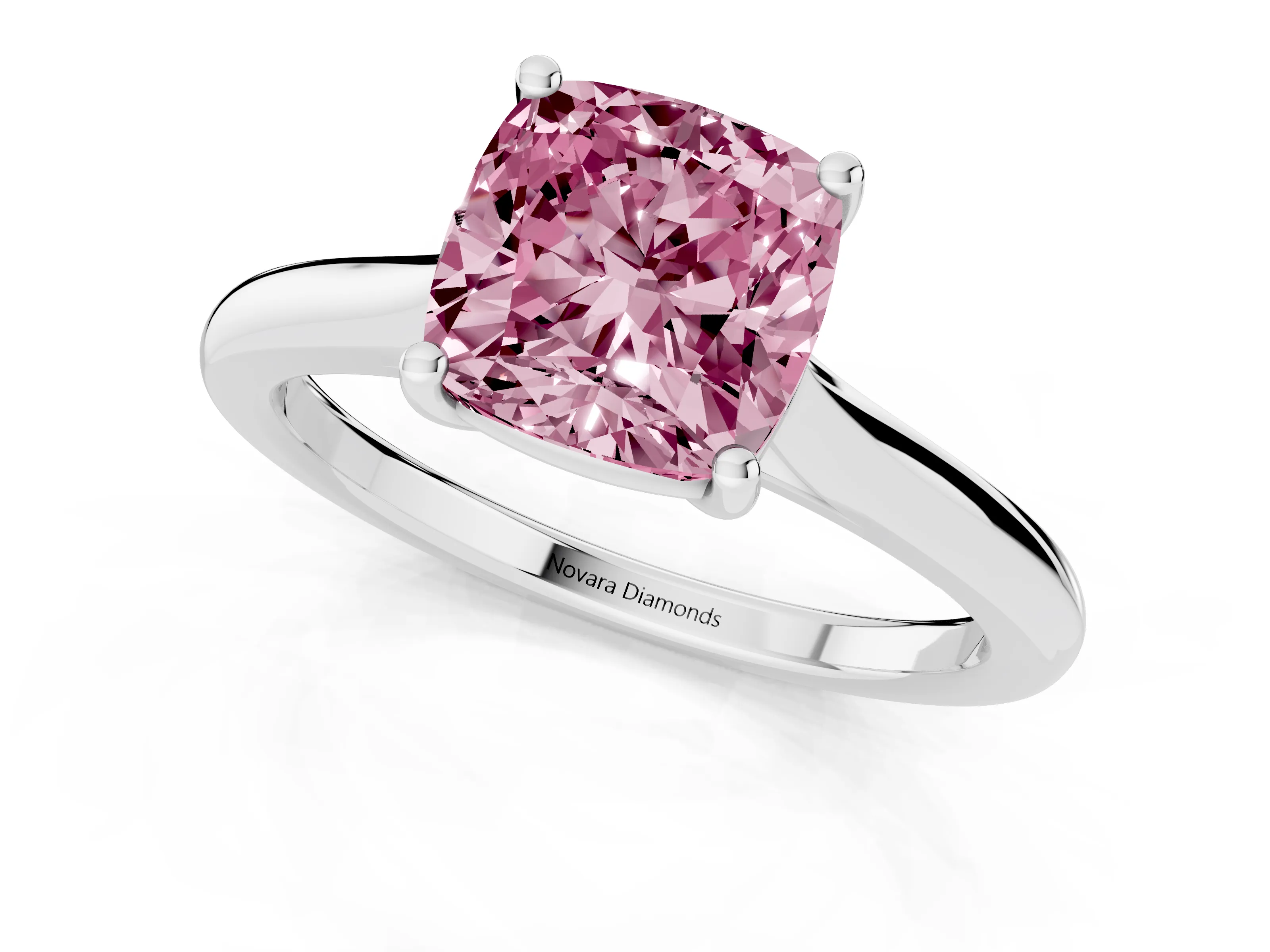 Fancy Pink Cushion Cut Diamond Solitaire Ring Set in Silver with Cathedral Band and Prong Setting