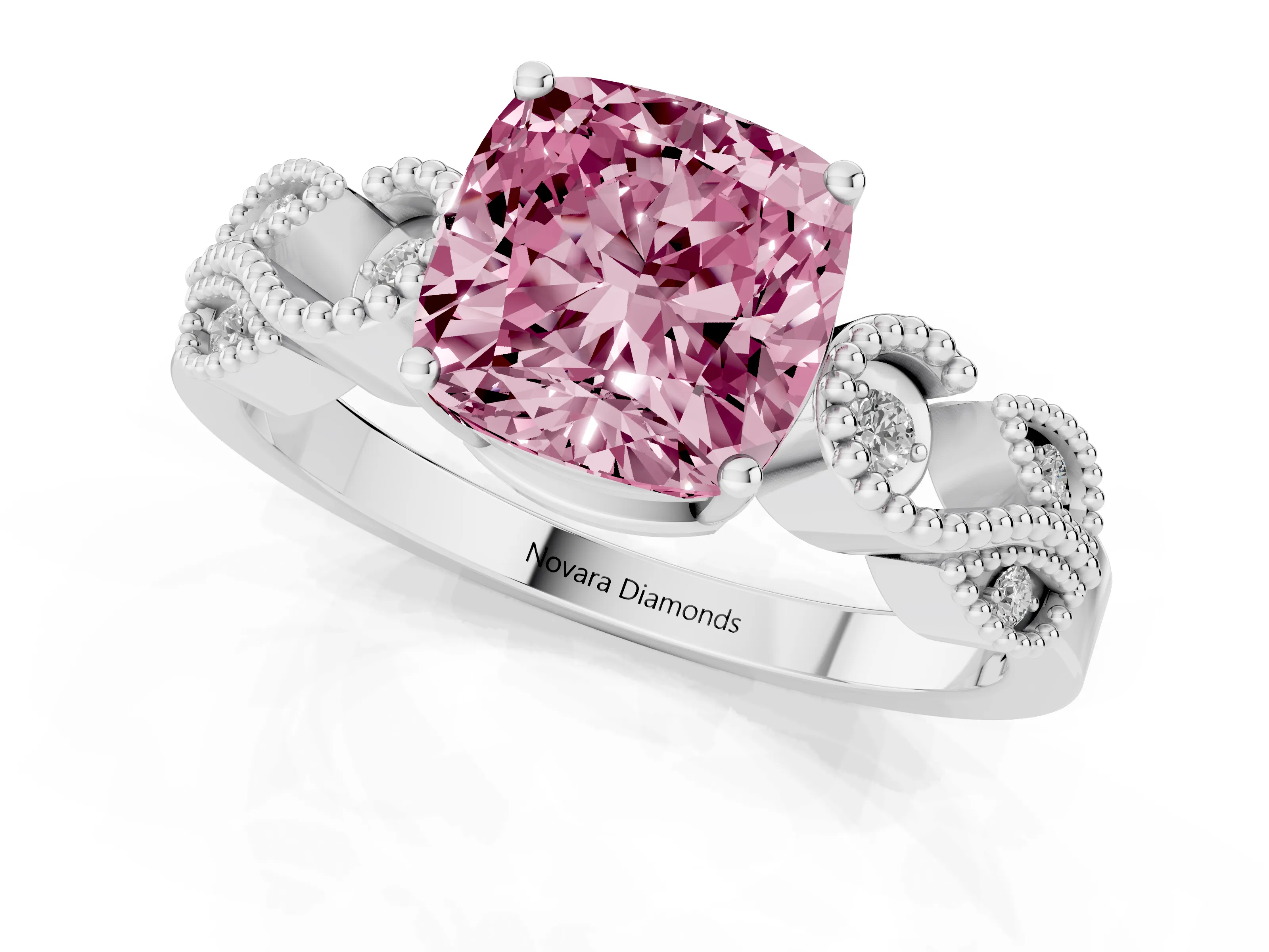 Fancy Pink Cushion Cut Diamond Milgrain Leaf Band Solitaire Ring Set in Platinum with Accent Stones and Prong Setting