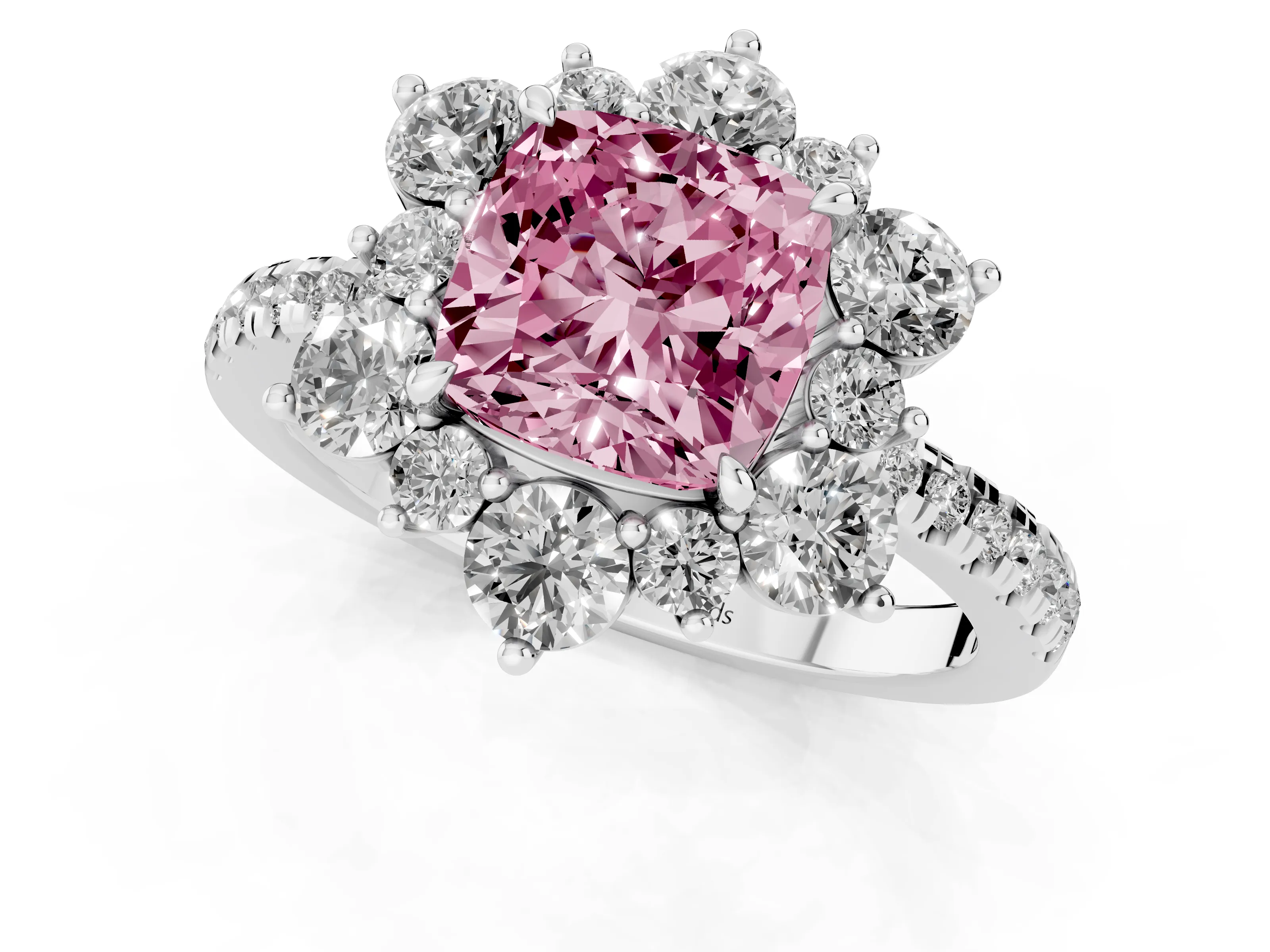 Fancy Pink Cushion Cut Diamond Floral Halo Ring Set in Silver with Round Pavé Band and Prong Setting