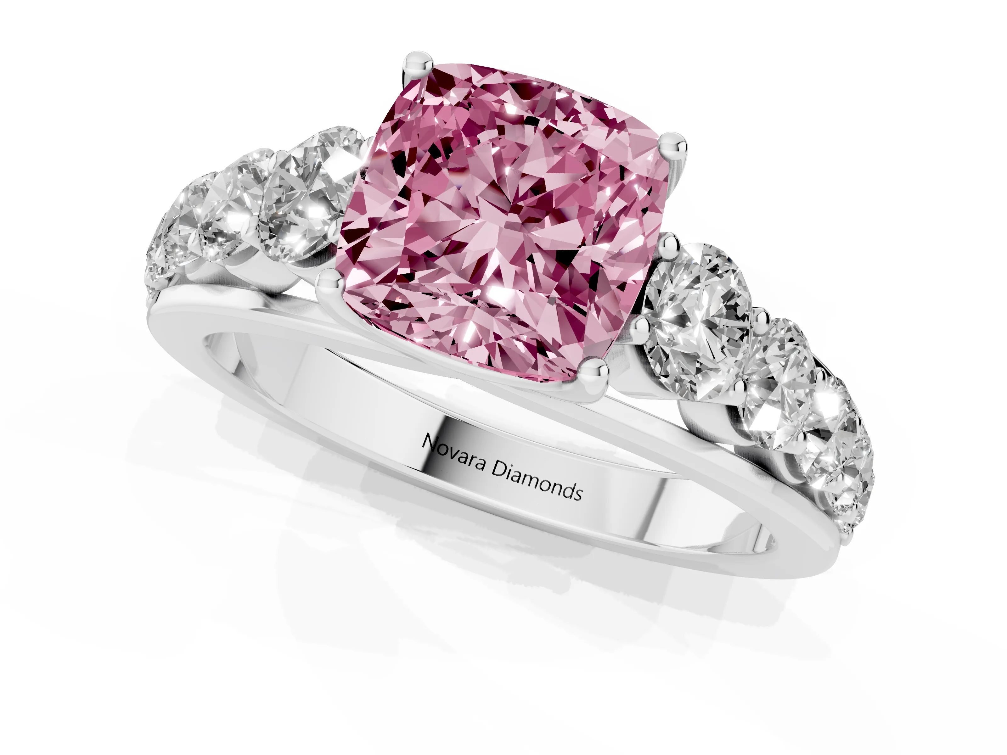 Fancy Pink Cushion Cut Diamond Solitaire Ring Set in Silver with Pavé-Set Band and Prong Setting