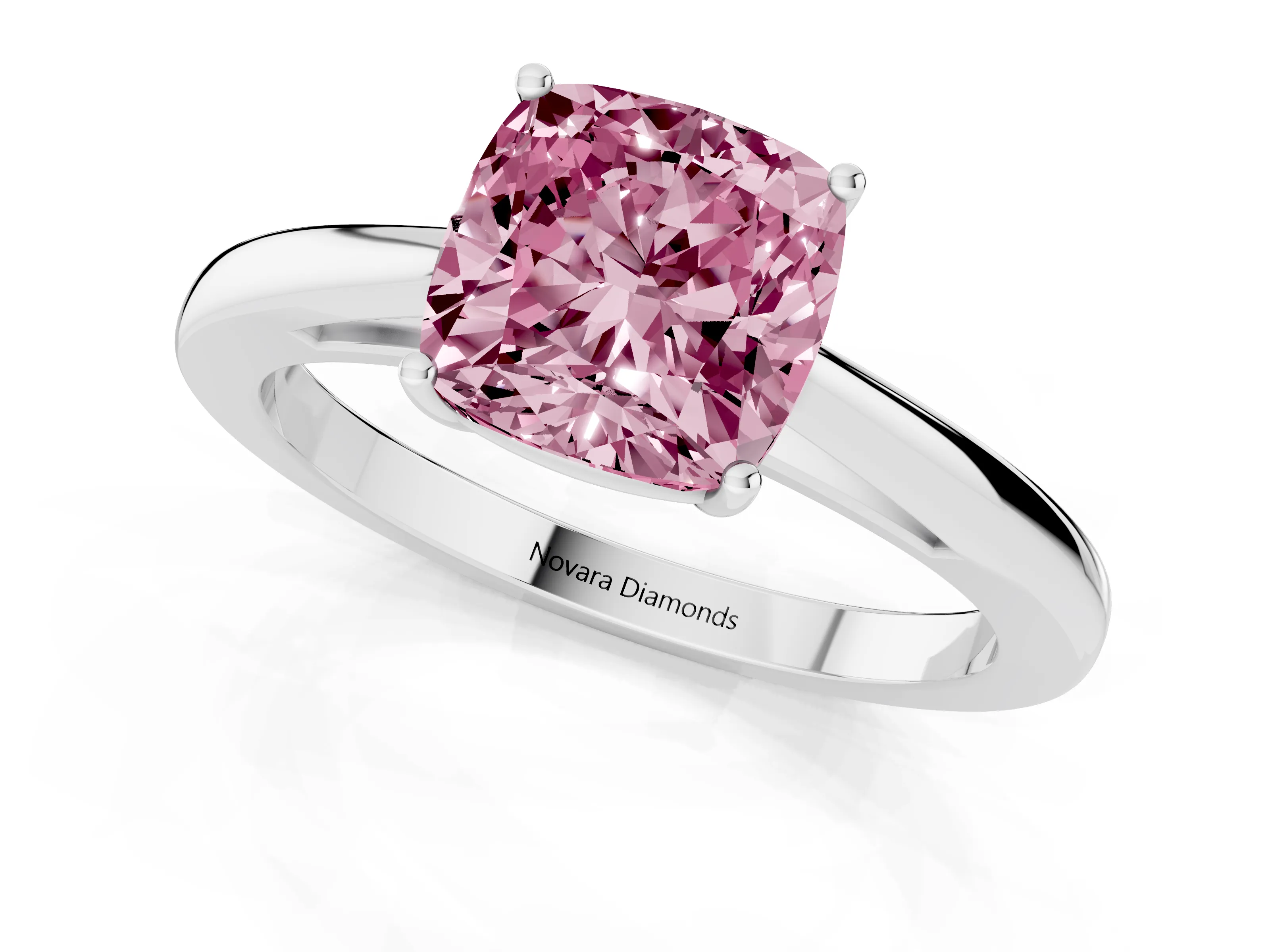 Fancy Pink Cushion Cut Diamond Solitaire Ring Set in Silver with Split Shank and Prong Setting