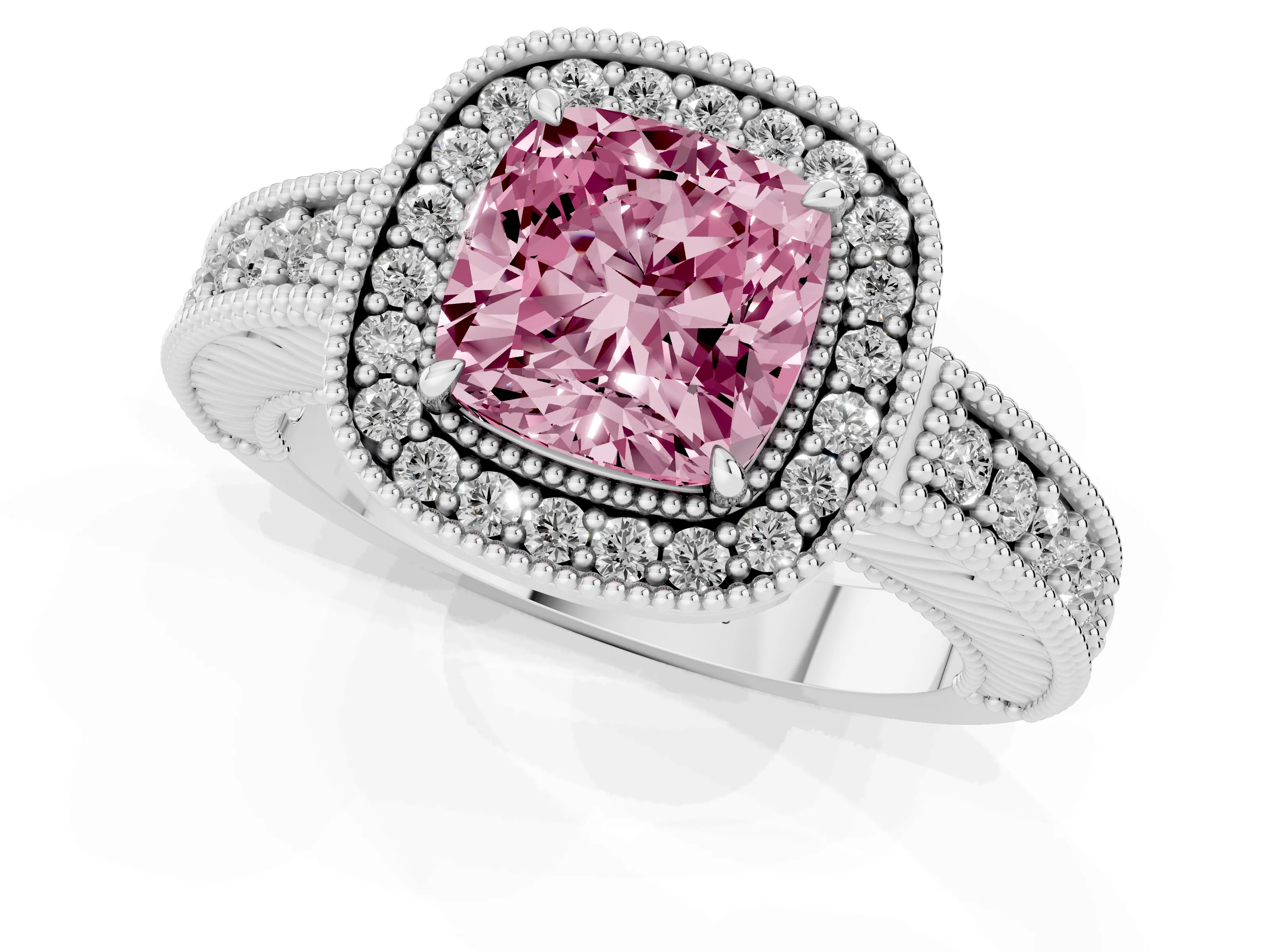 Fancy Pink Cushion Cut Diamond Halo Ring Set in Platinum with Round Accent Halo, Pavé Band and Prong Setting