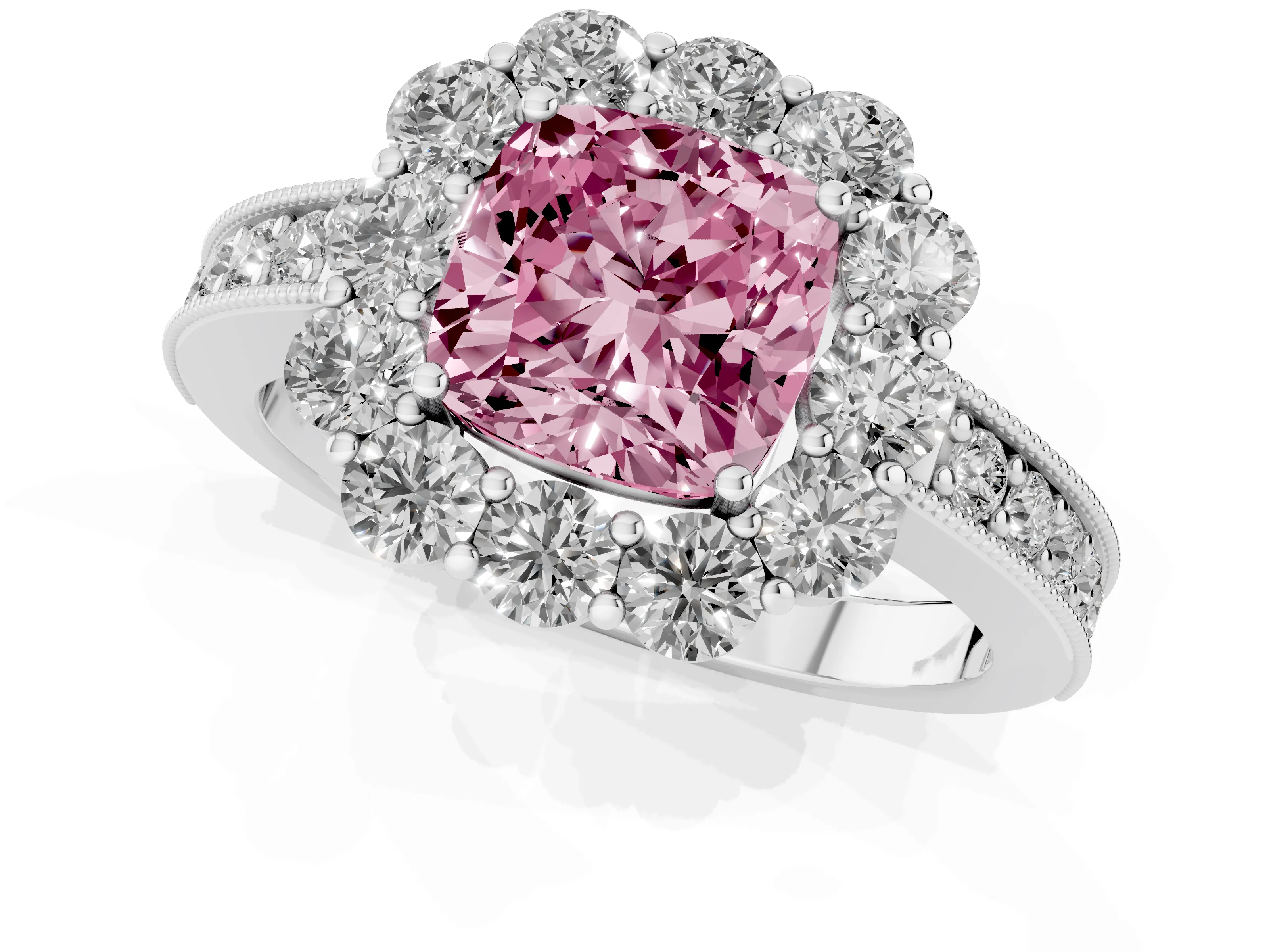 Fancy Pink Cushion Cut Diamond Halo Pavé Engagement Ring Set in Silver with Milgrain Detailing