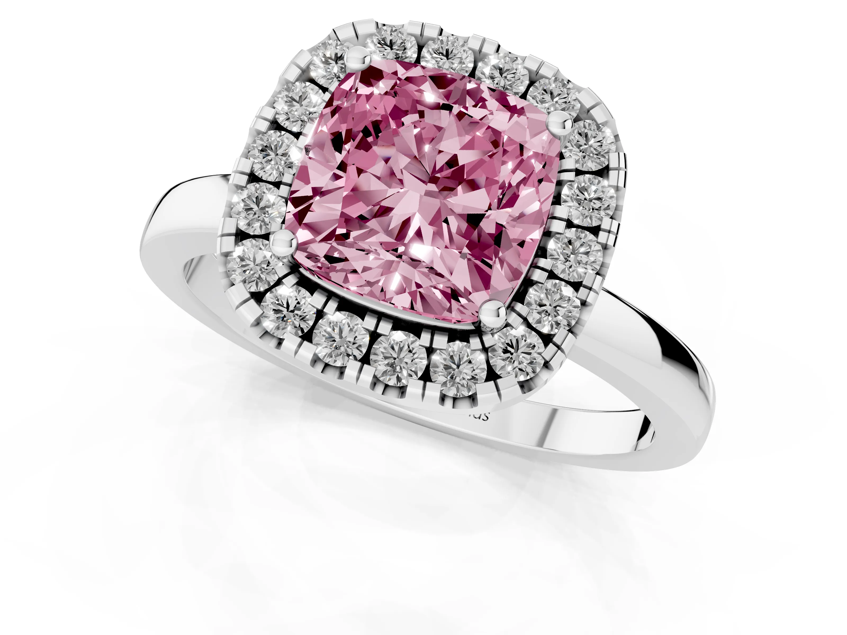 Fancy Pink Cushion Cut Diamond Halo Solitaire Ring Set in Silver with Pavé Band and Prong Setting