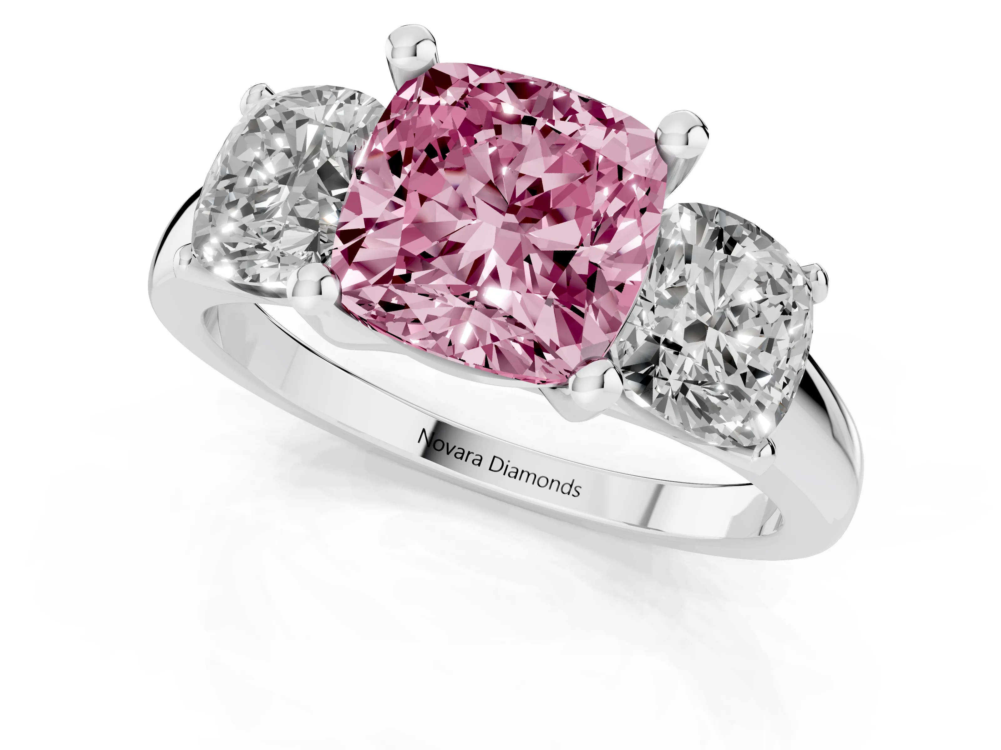 Fancy Pink Cushion Cut Diamond Three-Stone Ring Set in White gold with Classic Prong Setting and Plain Band