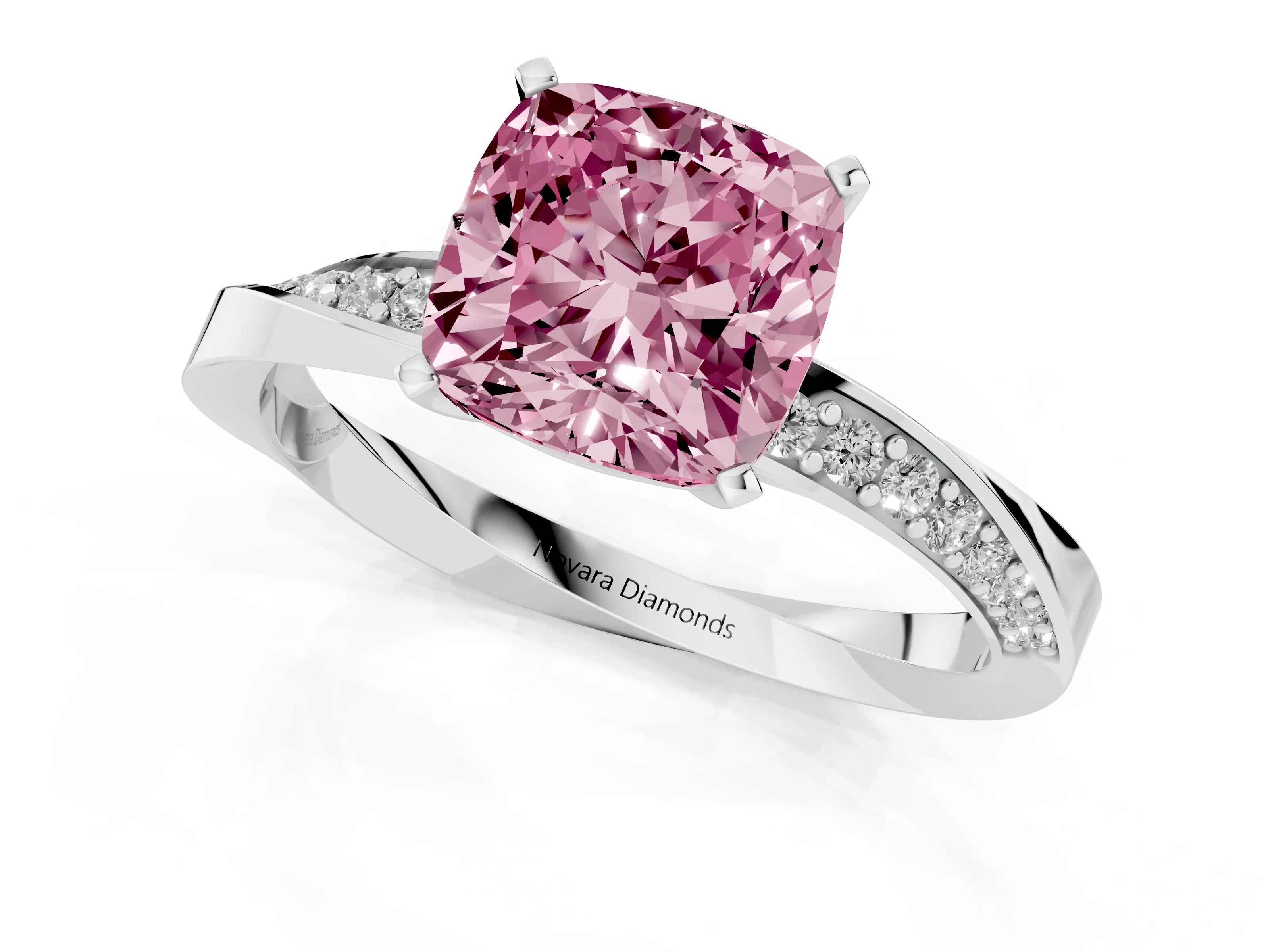 Fancy Pink Cushion Cut Diamond Engagement Ring Set in Platinum with Side Stone Accents and Prong Setting – second view