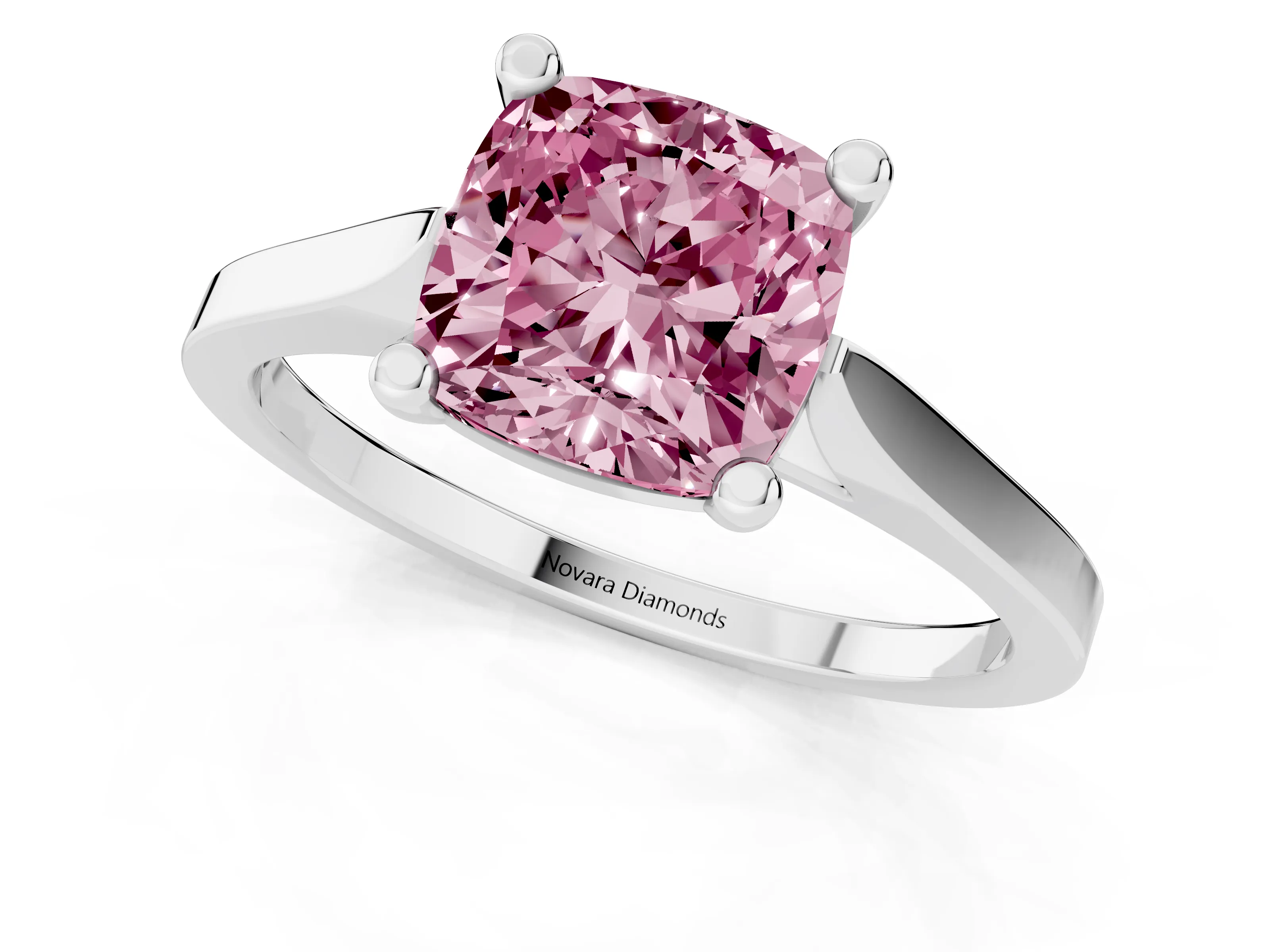 Fancy Pink Cushion Cut Diamond Solitaire Ring Set in Platinum with Prong Setting and Tapered Band