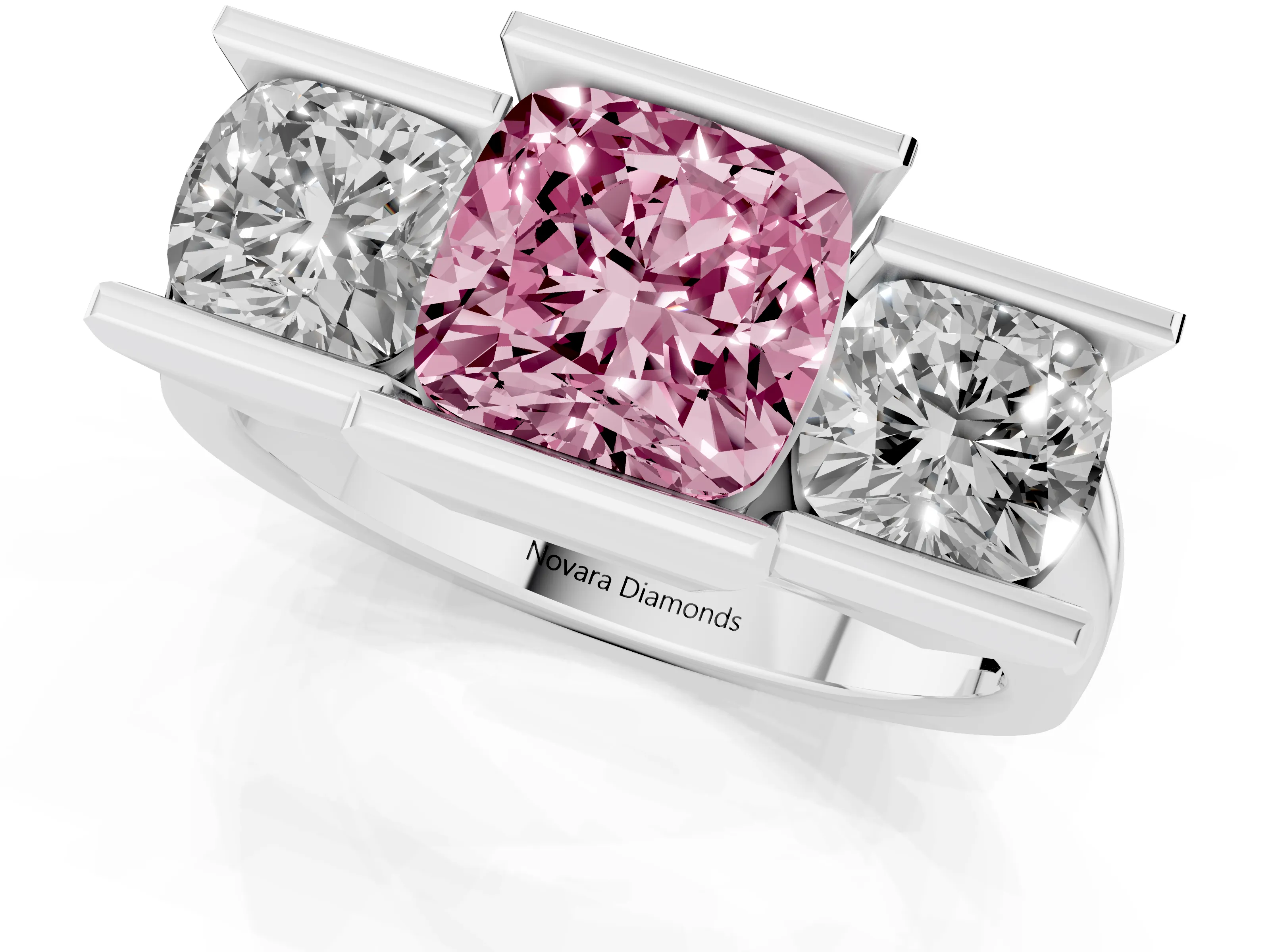 Fancy Pink Cushion Cut Diamond Three-Stone Channel Set Ring Set in Platinum with Smooth Polished Band