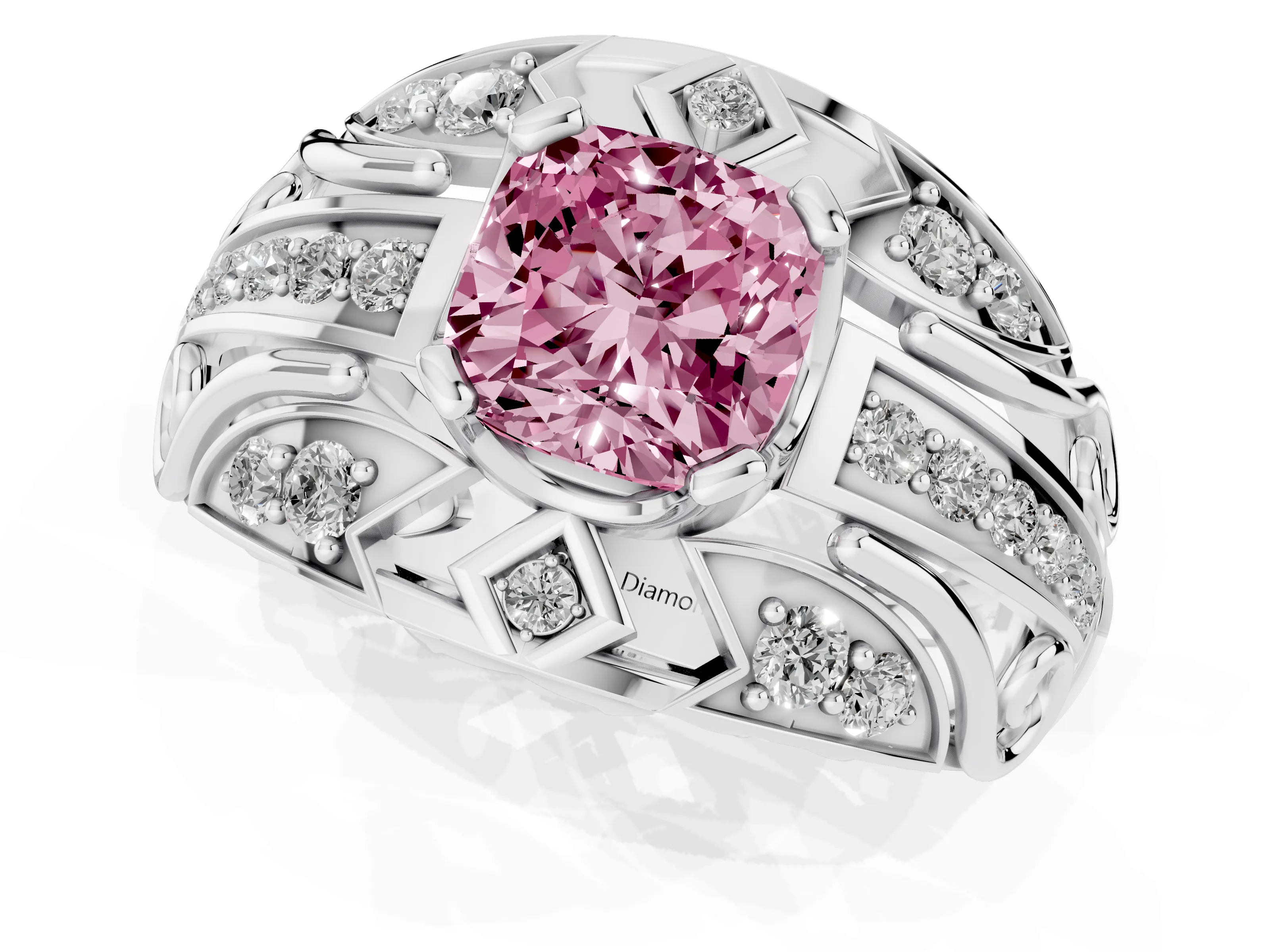Fancy Pink Cushion Cut Diamond Art Deco Ring Set in Silver with Pavé Split Shank